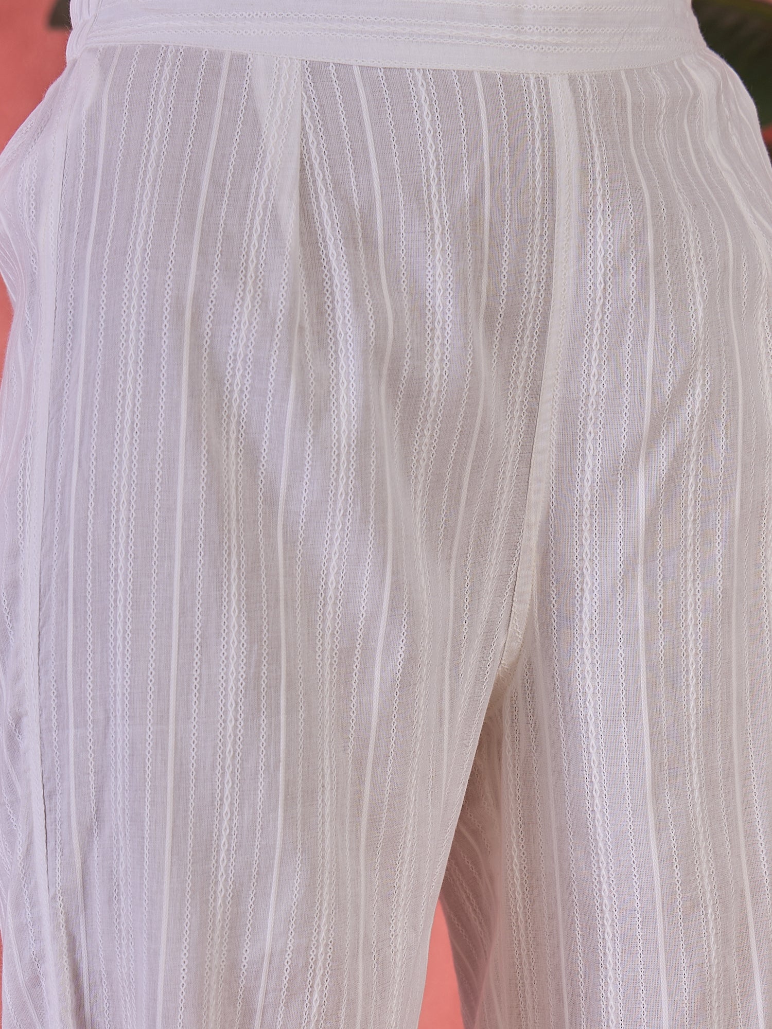 White Pure Cotton V-Neck Floral Kurta Set For Women