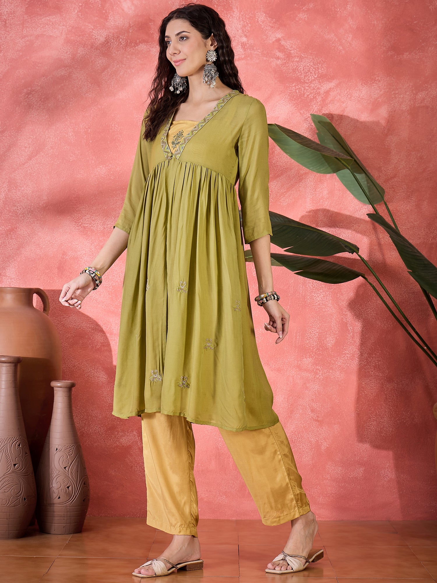 Green Viscose Calf Length V-Neck Kurta Set For Women