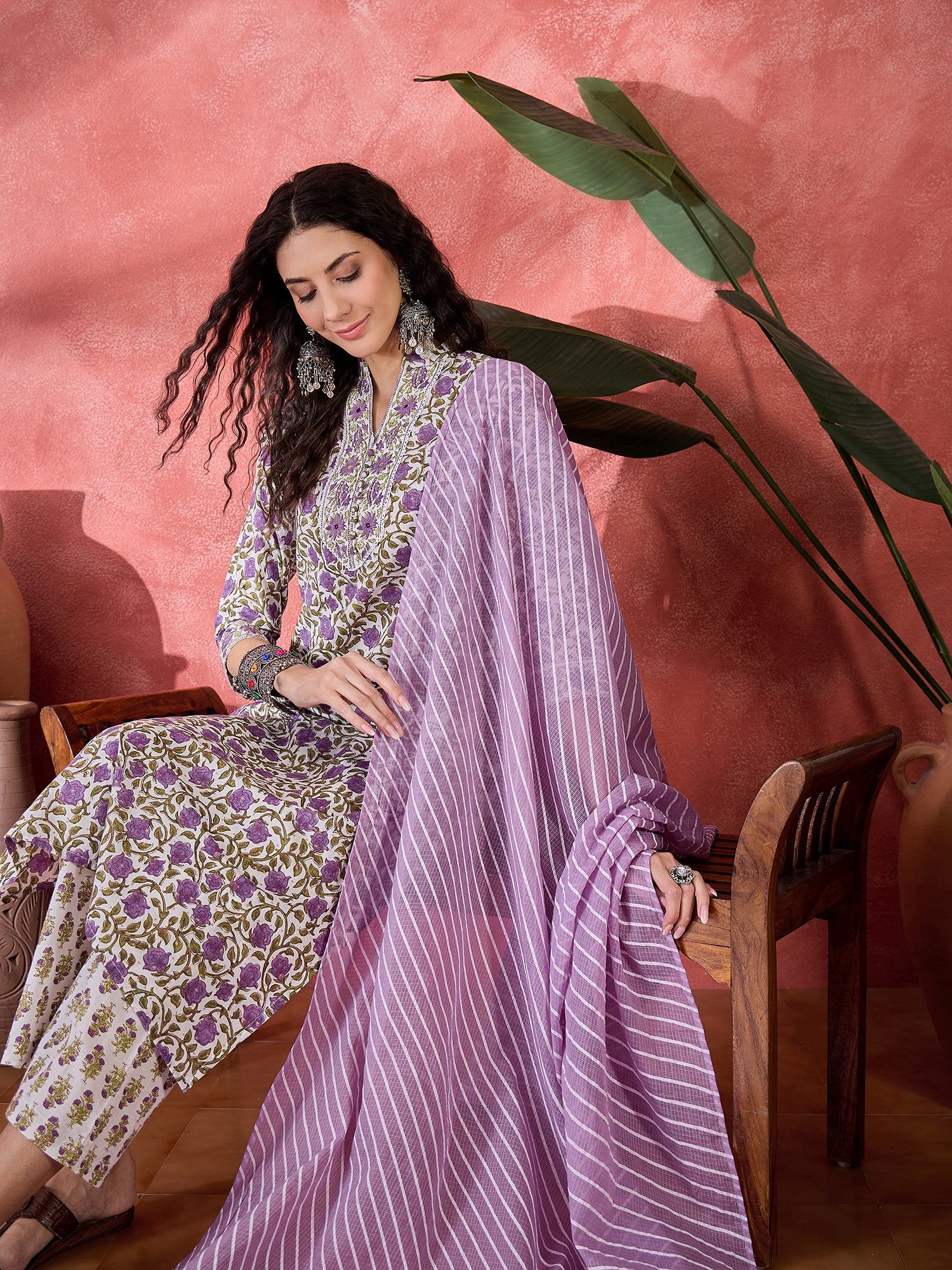 Off White Pure Cotton Mandarin Collar Floral Kurta Set For Women