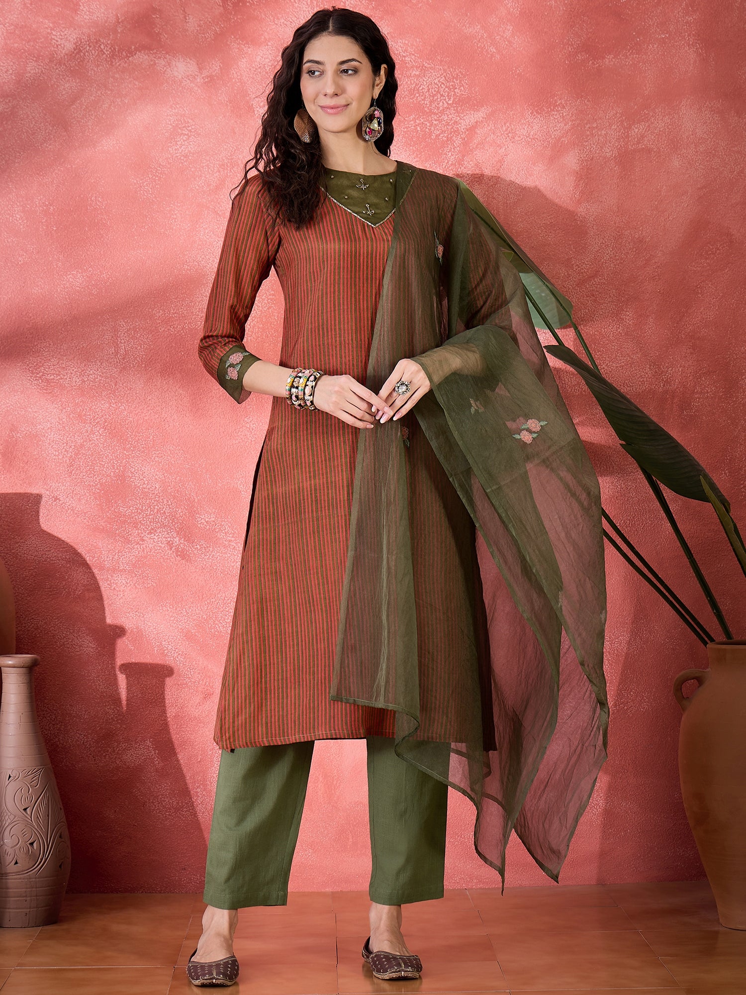 Brown Viscose Rayon Calf Length Round Neck Kurta Set For Women
