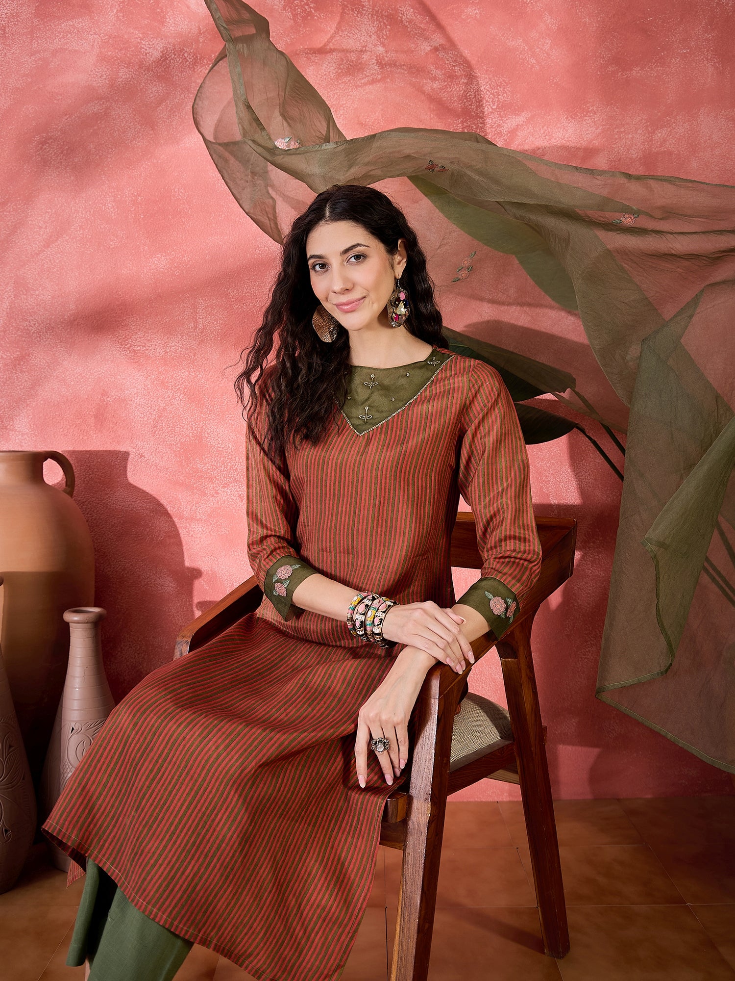 Brown Viscose Rayon Calf Length Round Neck Kurta Set For Women