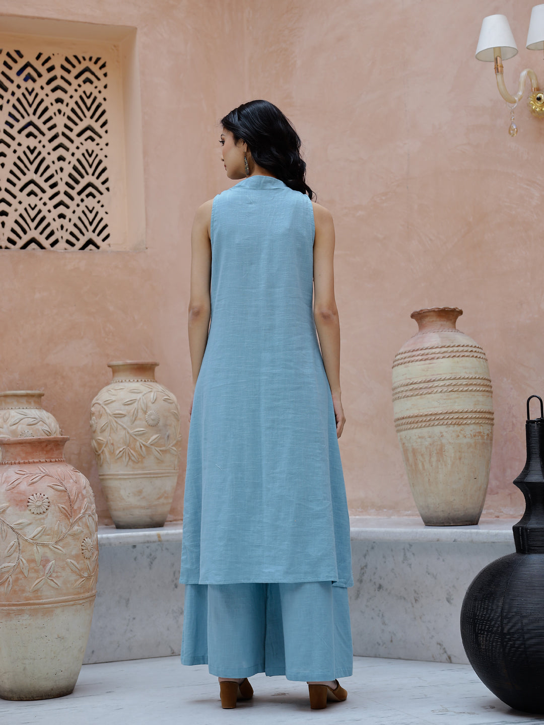 Blue Solid Print Cotton Kurta Set