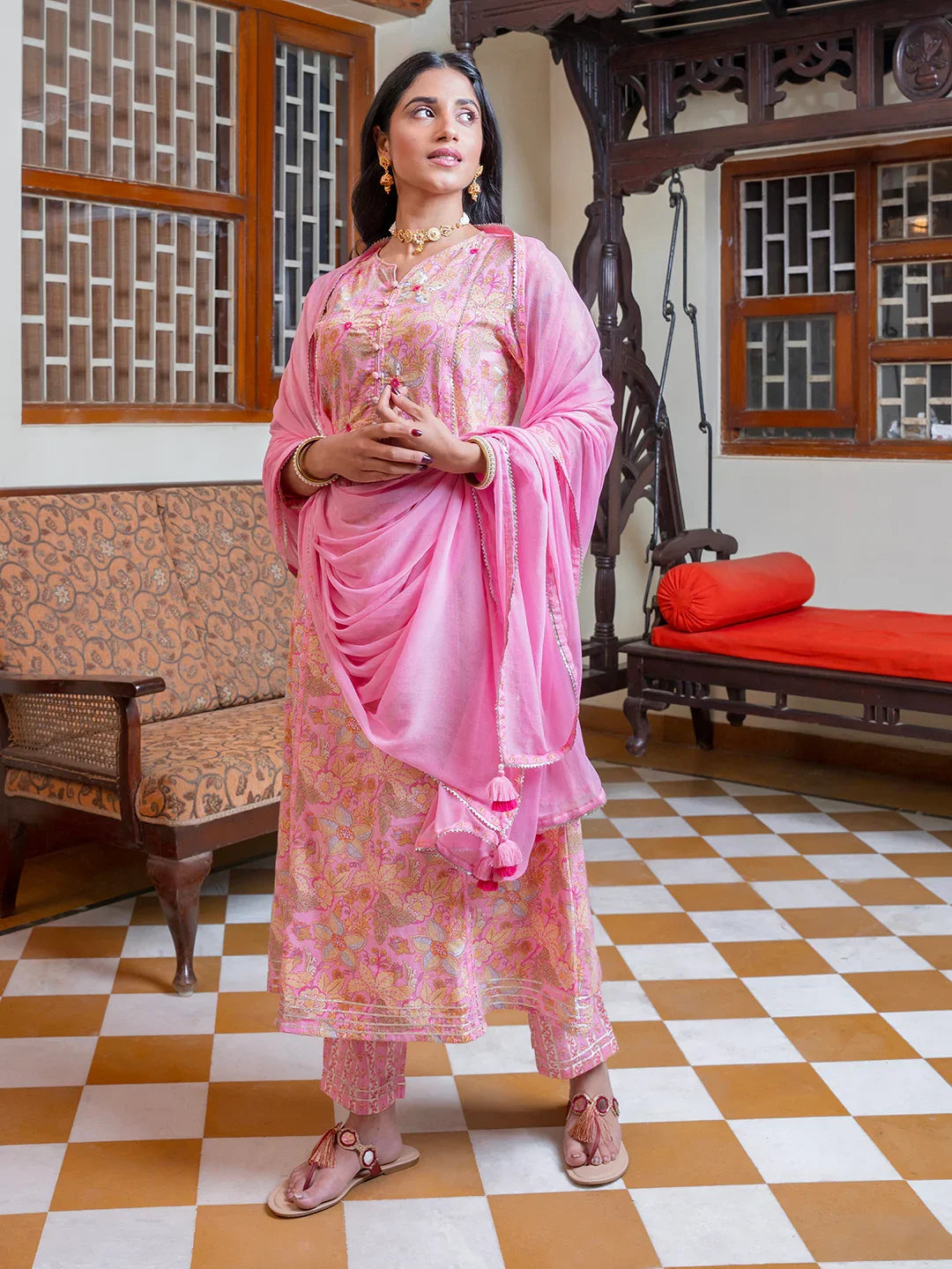 Pink Cotton Kurta for Women - SanskrutiHomes