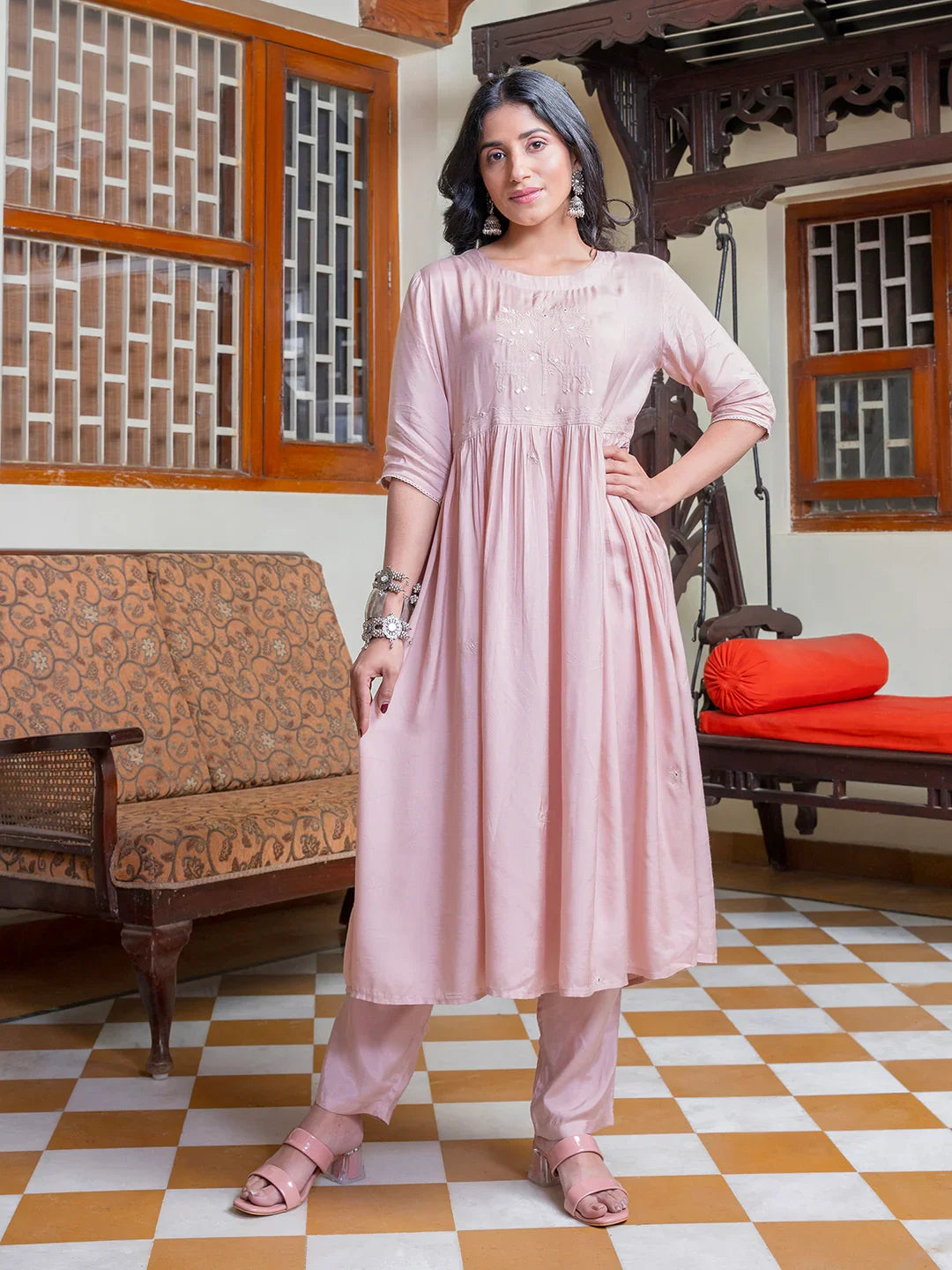 Pink Solid Print Cotton Kurta Set - SanskrutiHomes