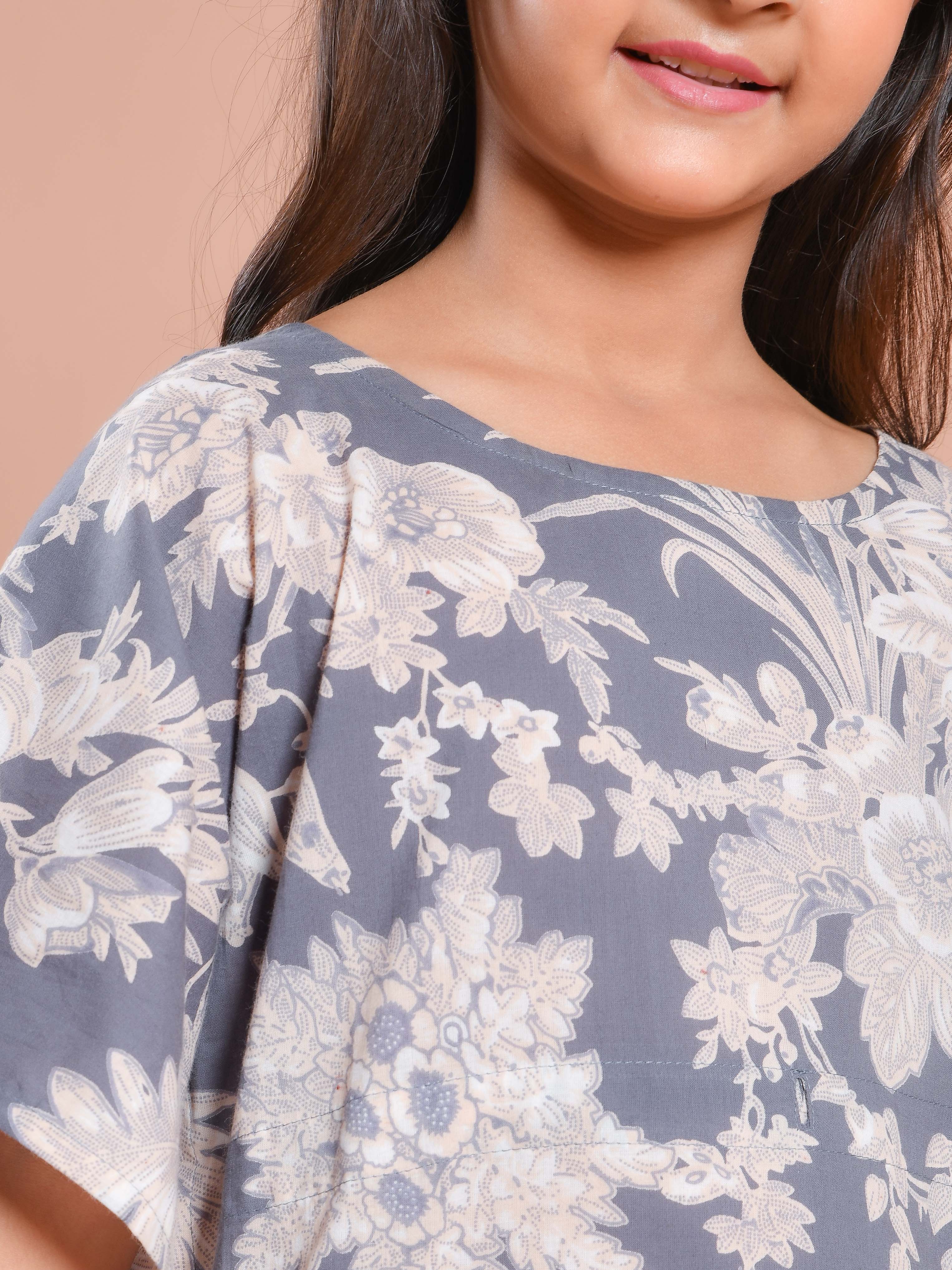 Grey Floral Printed Kaftan Night Suit for Kids