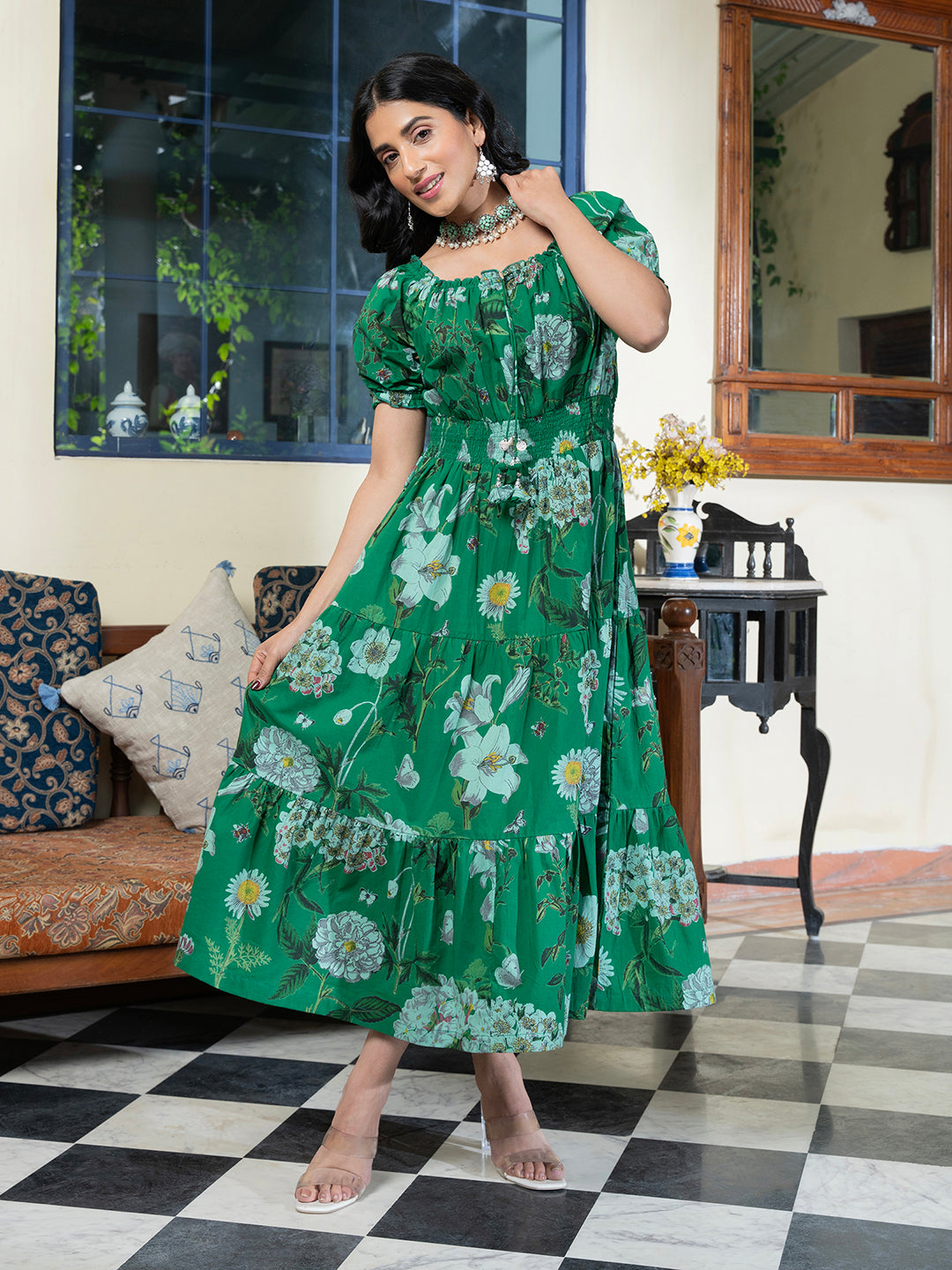 Floral Printed Puff Sleeve Smocked Cotton Tiered Fit & Flare Dresses