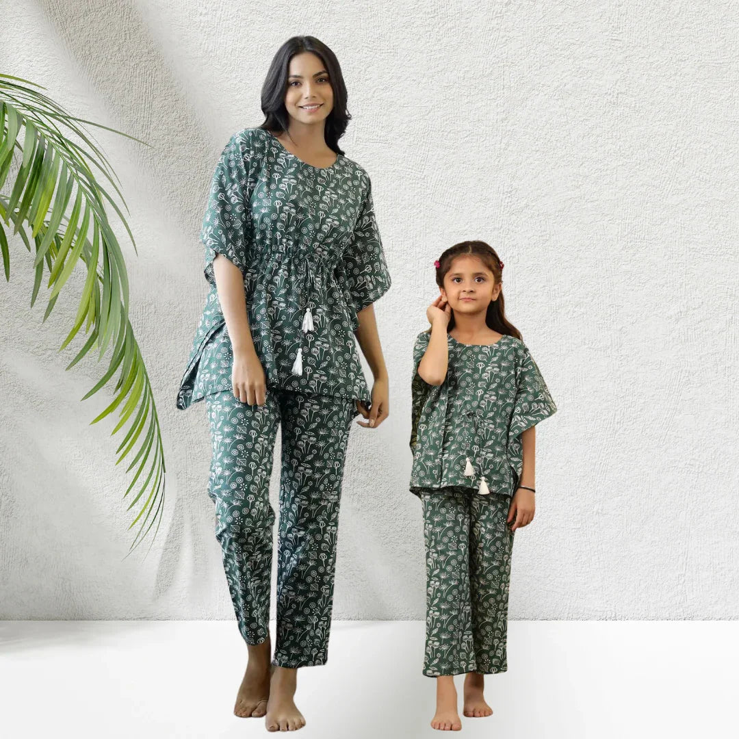 Mother Daughter Green & White Kaftan Combo - SanskrutiHomes