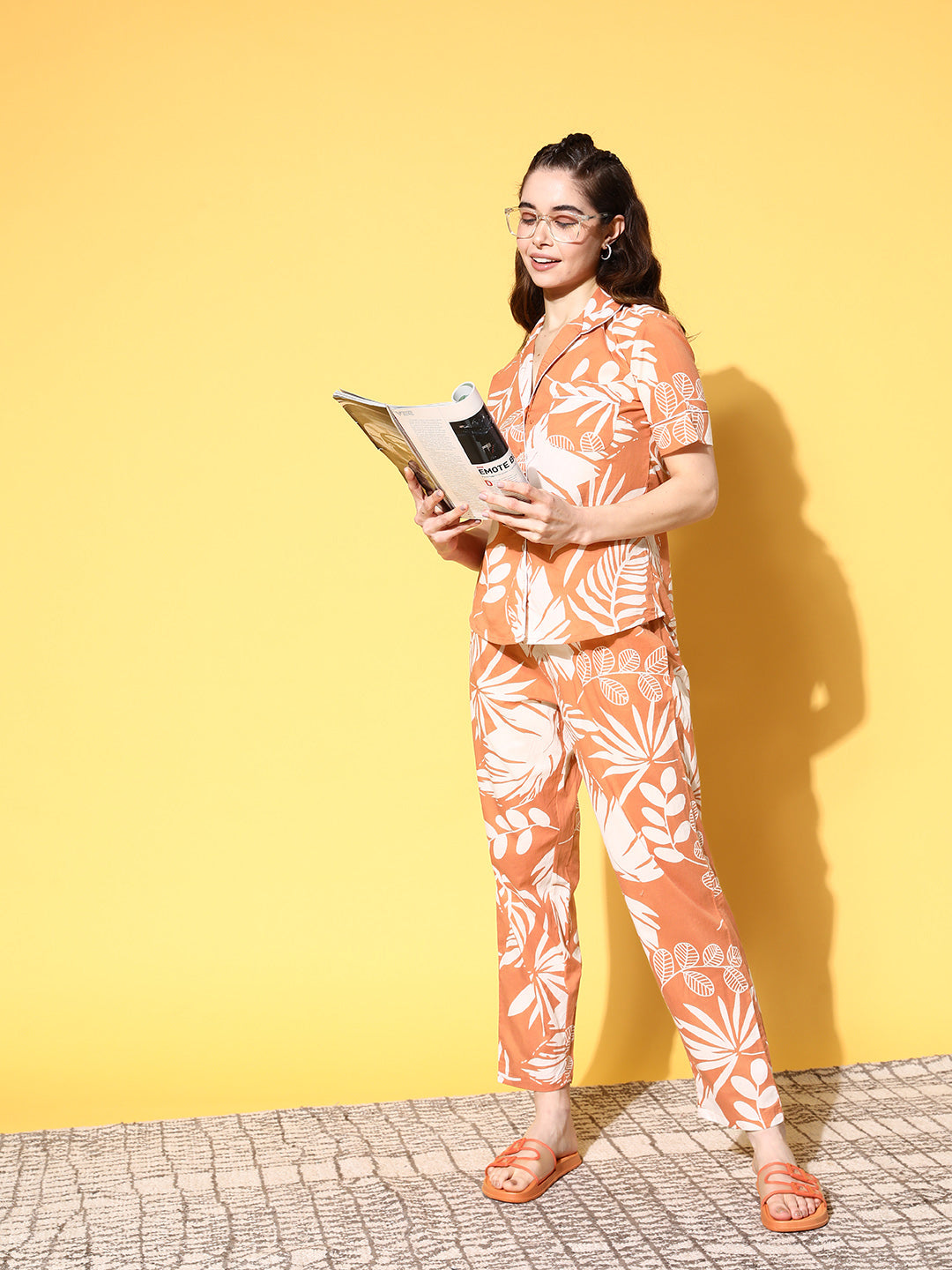 Orange Cotton Printed Night Suit Set With Payjama