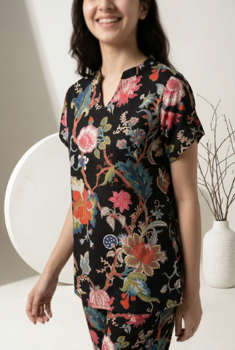 Black Floral Print Round Neck Cotton Night Suit For Women