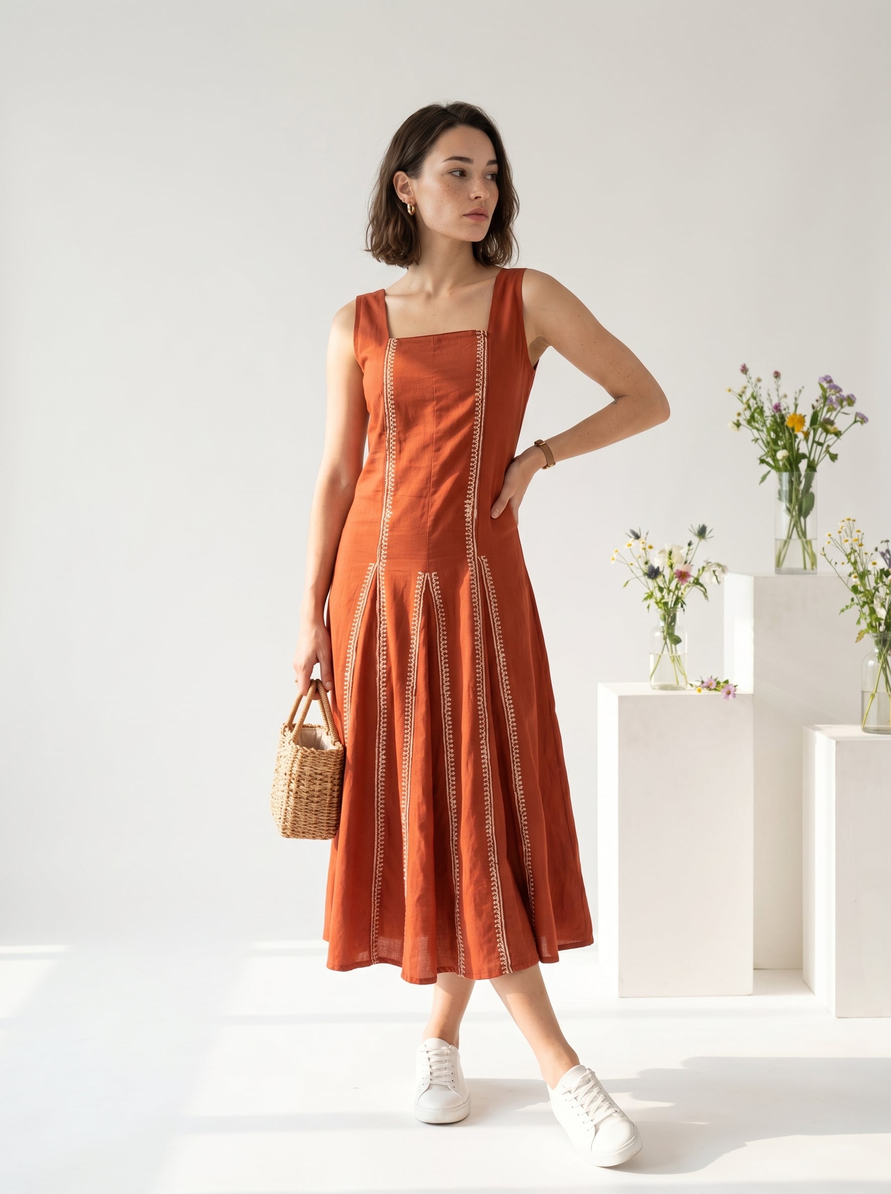 Rust Square Neck Printed Maxi Flared Cotton Dress For Women