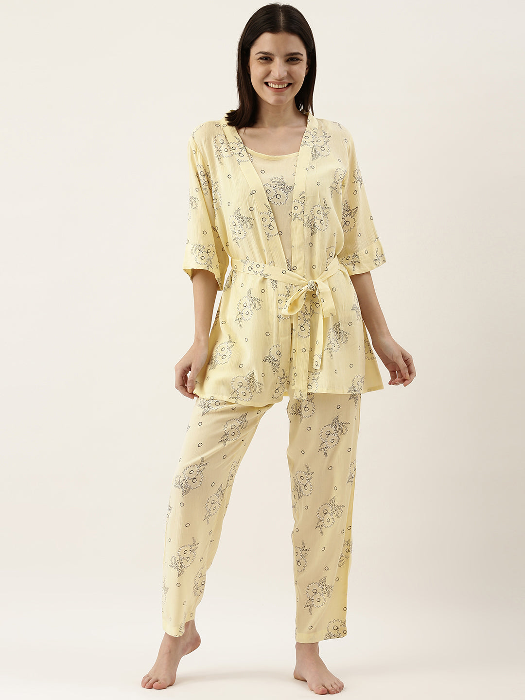 Yellow Rayon Crepe Printed Night Suit Shrug Set