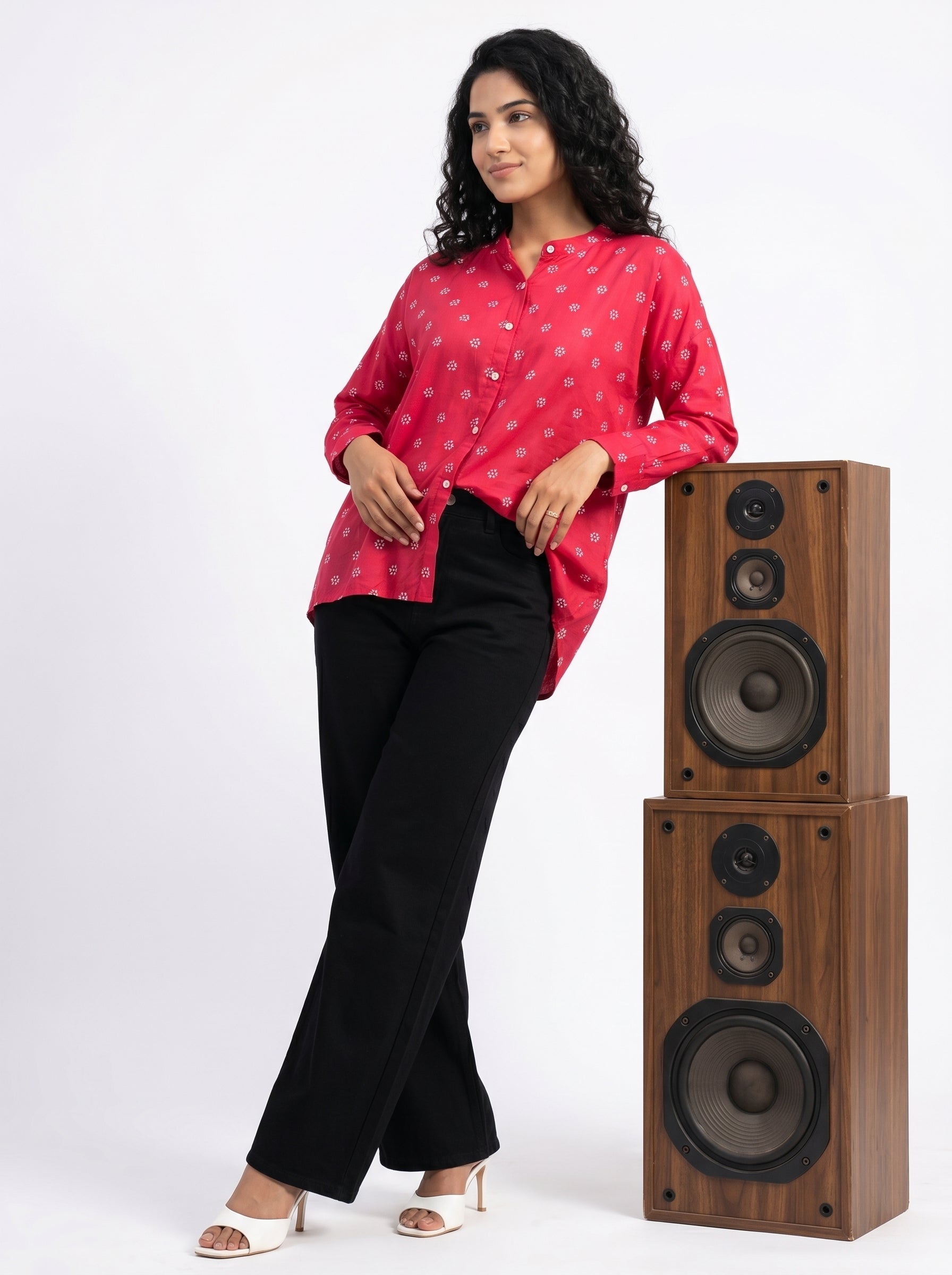 Pink Mandarin Collar Geometric Print Shirt For Women