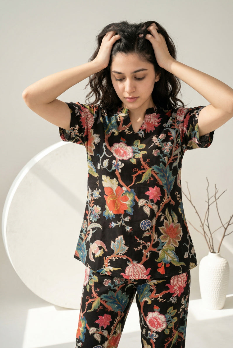Black Floral Print Round Neck Cotton Night Suit For Women