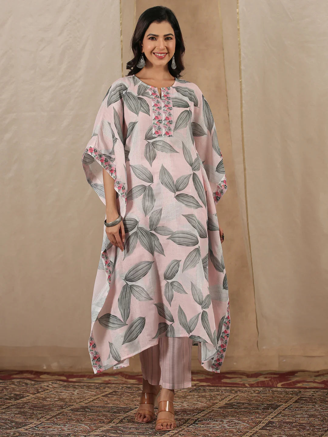 Peach Round Neck Kaftan Kurta Set for Women - SanskrutiHomes