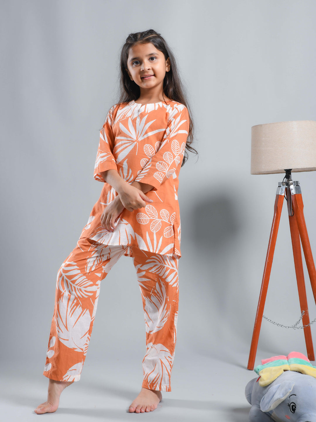 Orange Floral Printed Round Neck Kids Night Suit