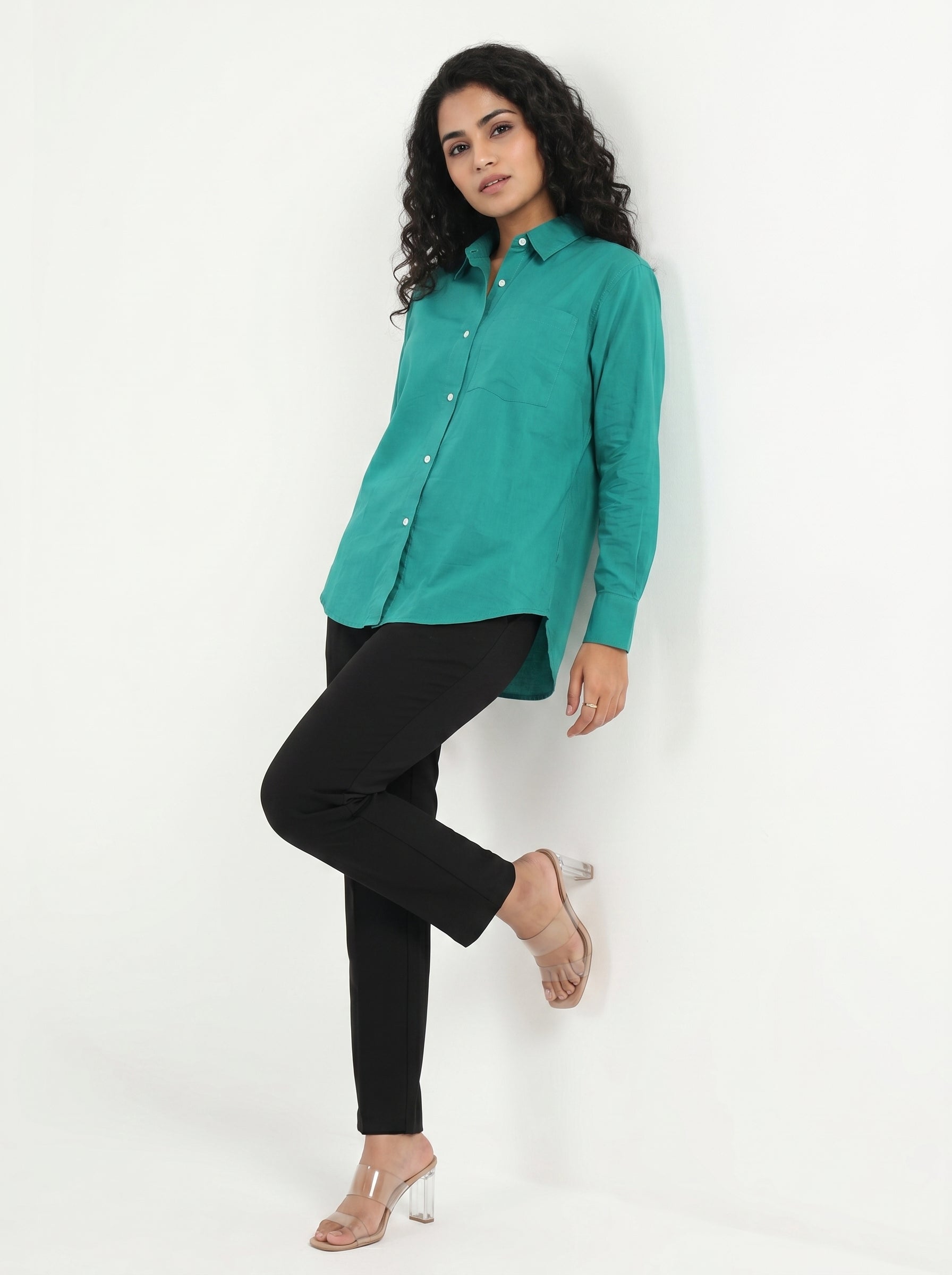 Teal Spread Collar Full Sleeve Solid Cotton Shirt For Women
