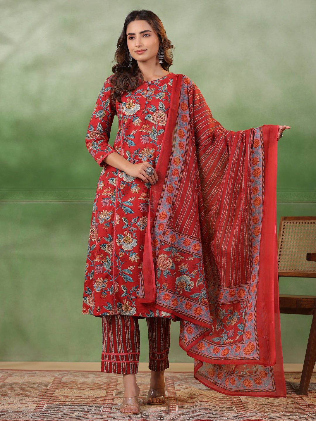 Maroon Cotton Round Neck Floral Printed Kurta Set For Women