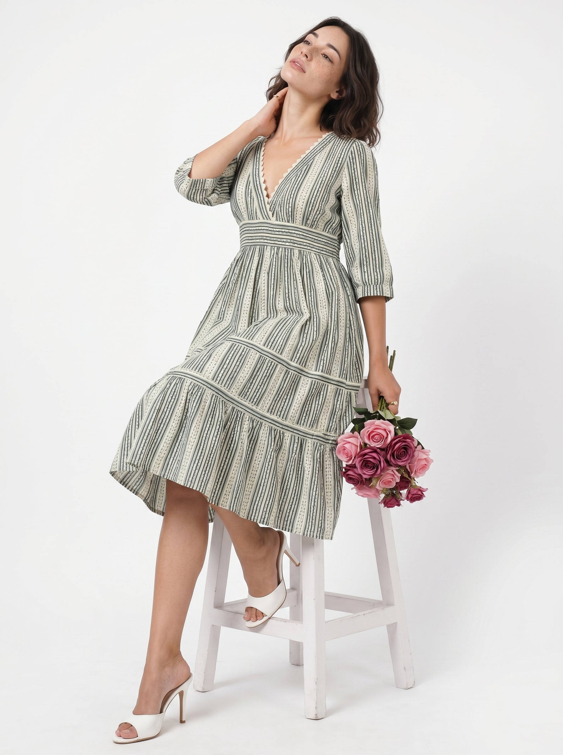 Off White V-Neck Abstract Print Cotton Flared Dress For Women