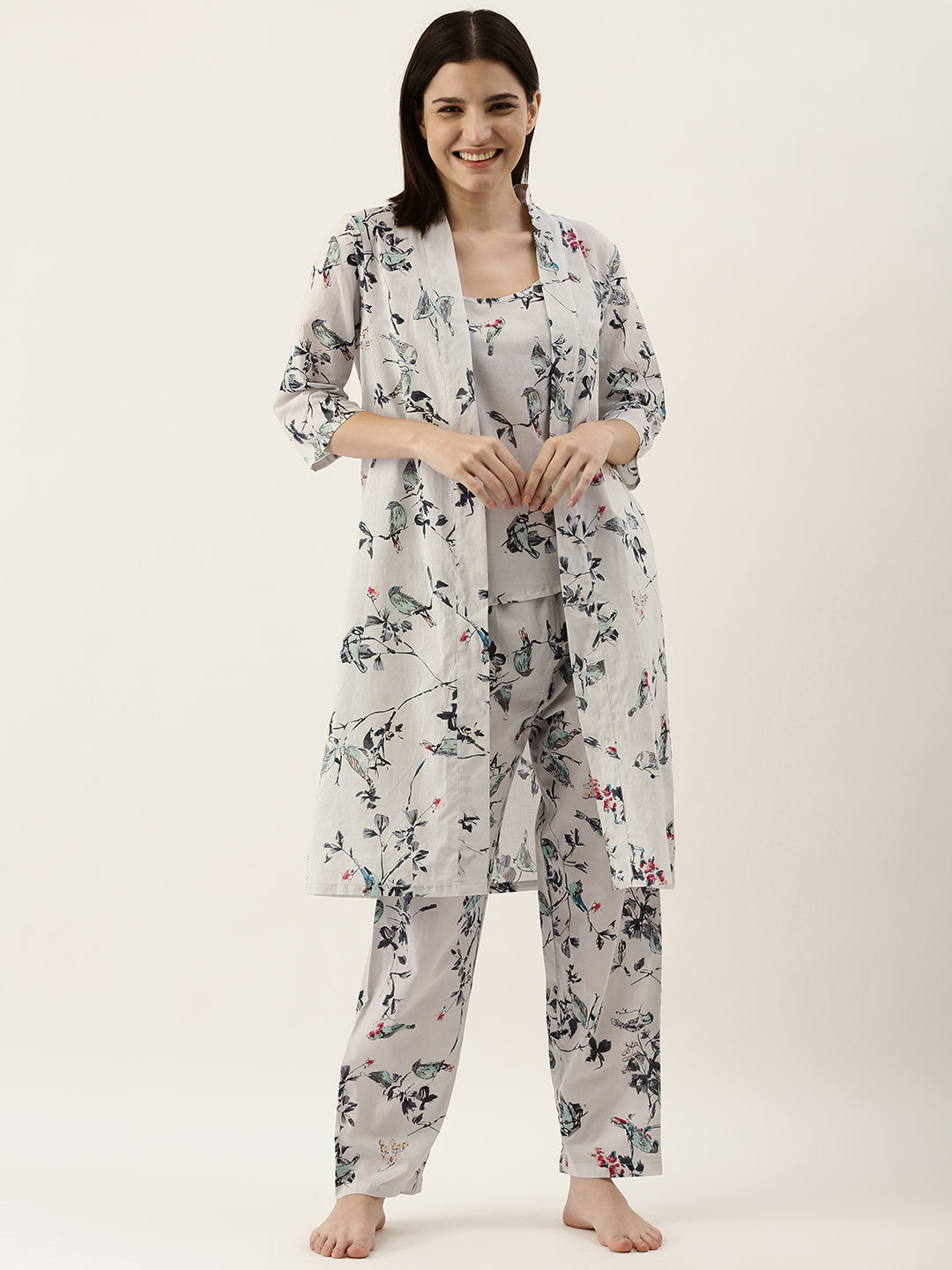 White Printed 3-Piece Cotton Night Suit Set With Pajama For Women