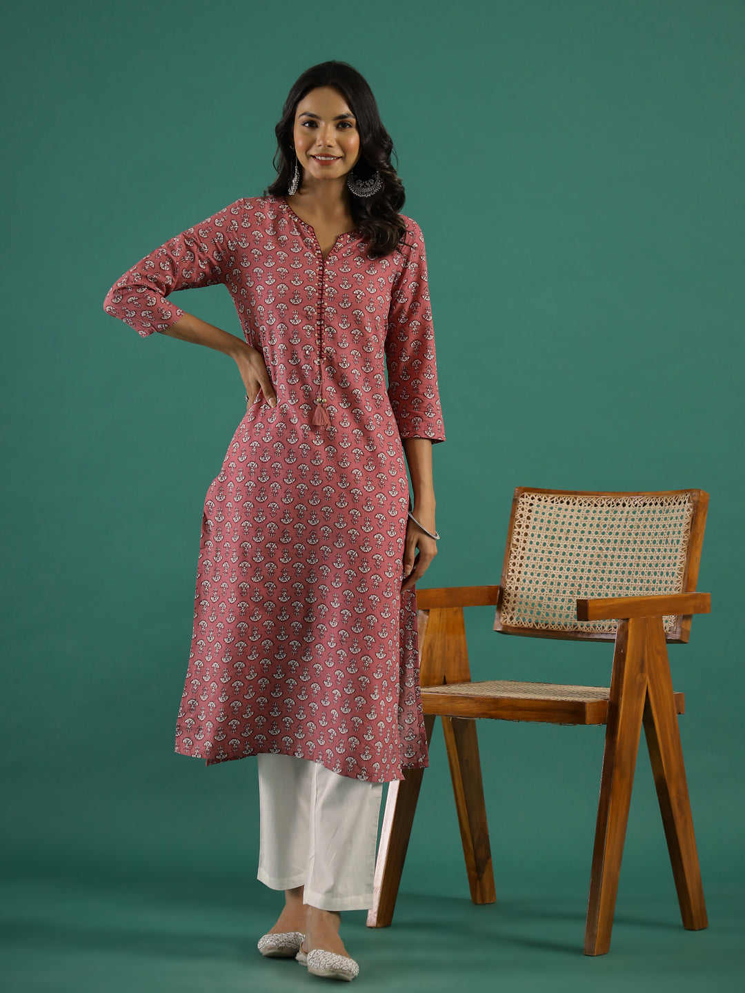 Pink & White Printed Kurti Set