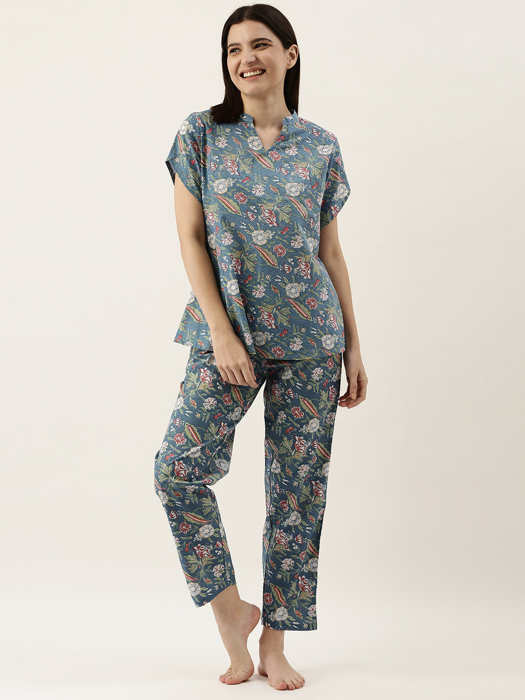Turquoise Cotton Printed Night Suit Set With Pajama