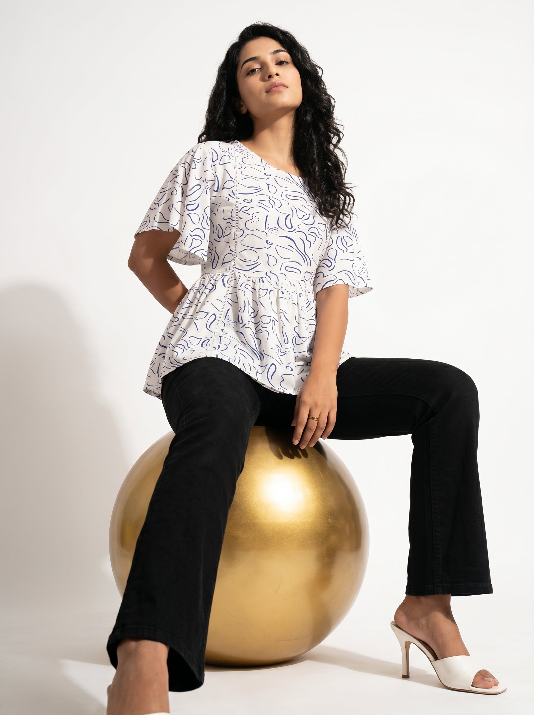 White Floral Printed Round Neck Top for Women