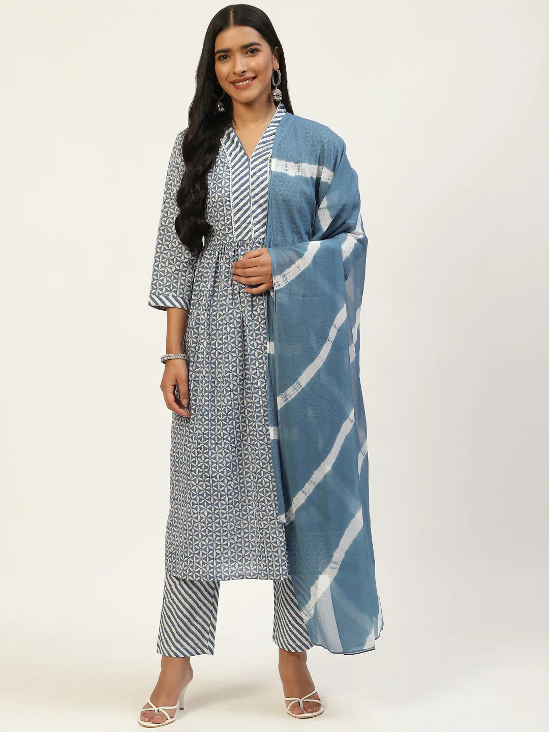 Blue Pure Cotton Floral Printed V-Neck Kurta Set with Dupatta - SanskrutiHomes