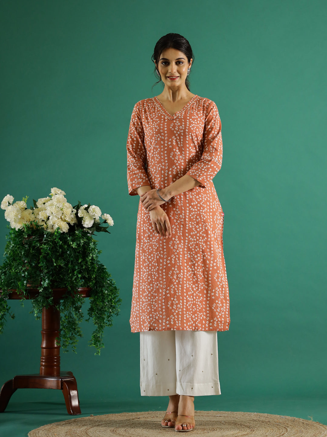 Orange White Dotted Printed Cotton Kurta