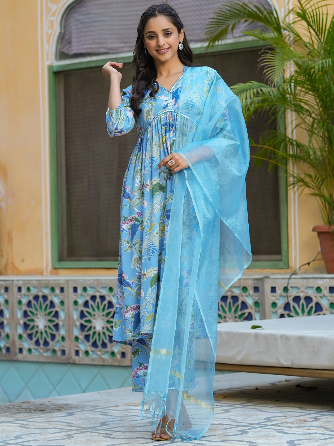 Blue V-Neck Floral Print Mirror Work Kurta Set For Women