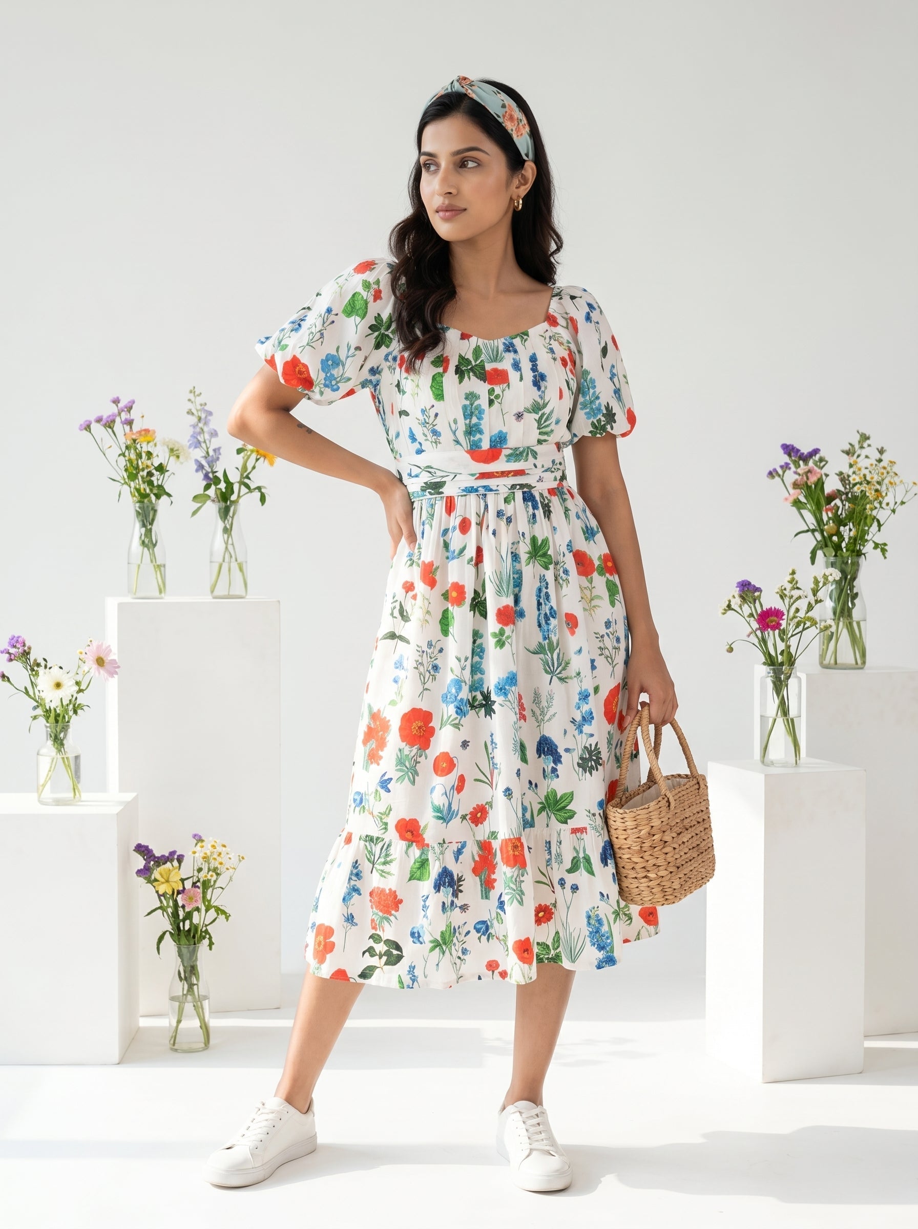 White Round Neck Floral Print Flared Pure Cotton Dress For Women