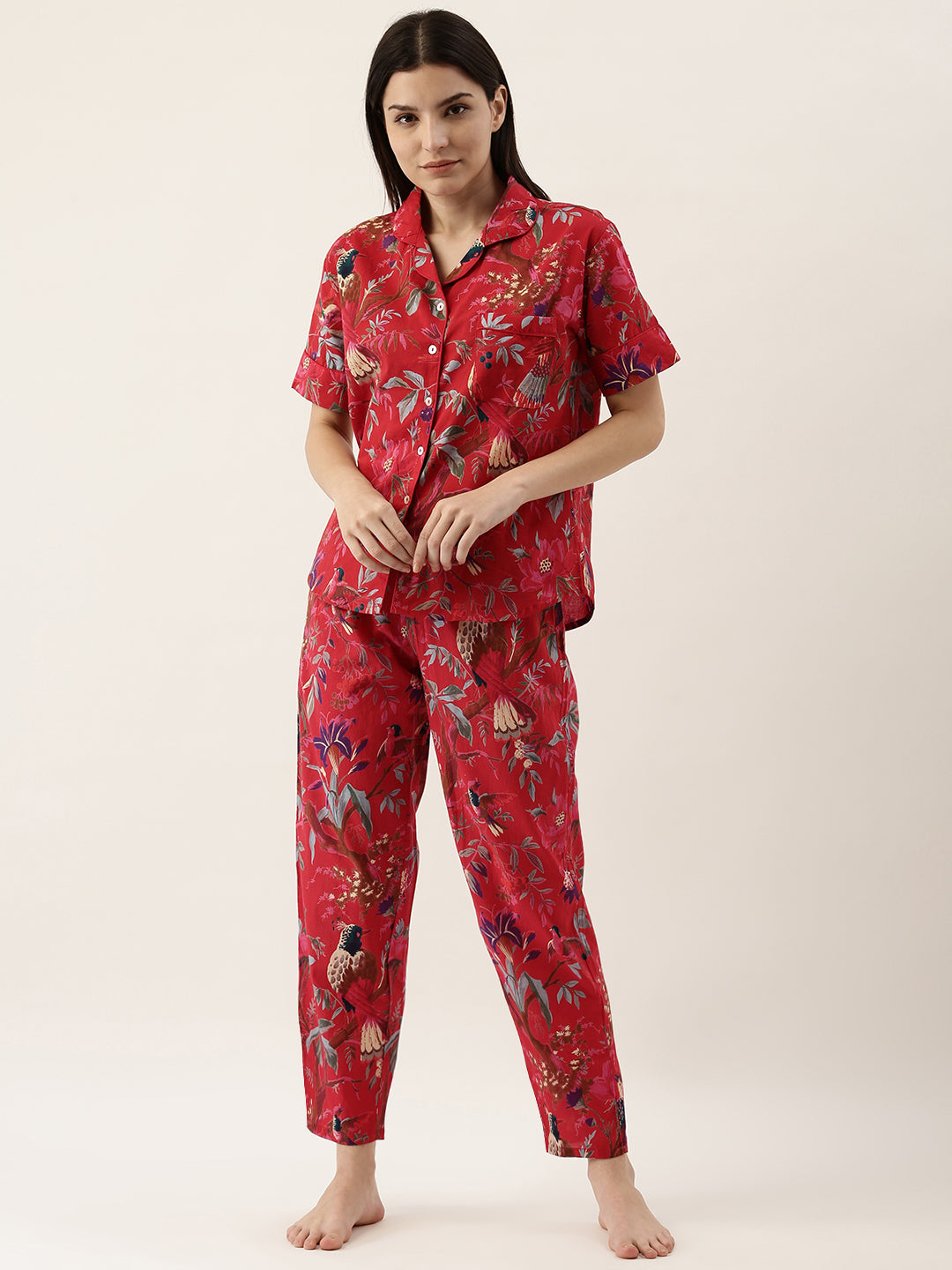 Red Printed Cotton Night Suit Set With Pajama For Women