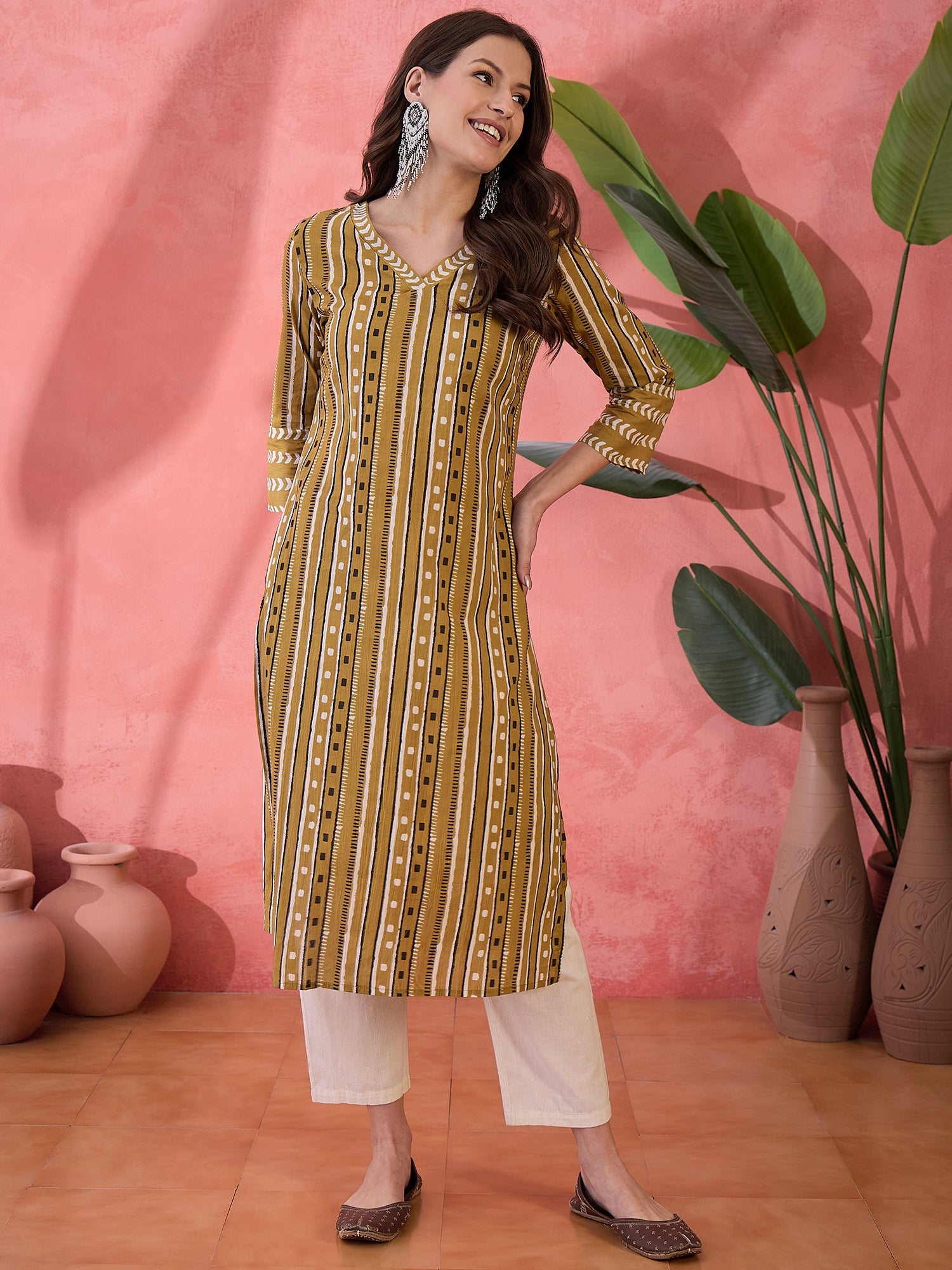 Green Geometric Print Cotton Kurat