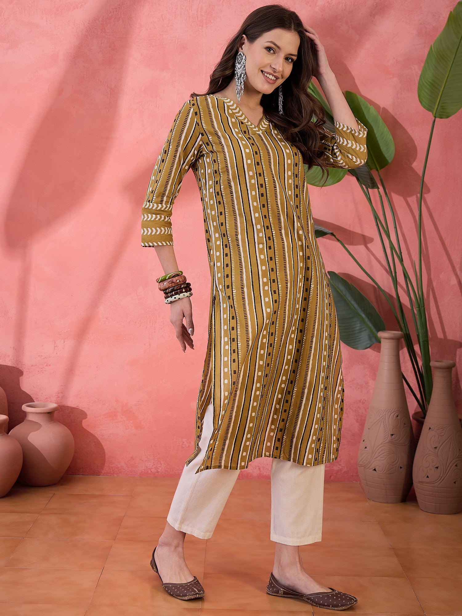 Green Geometric Print Cotton Kurat
