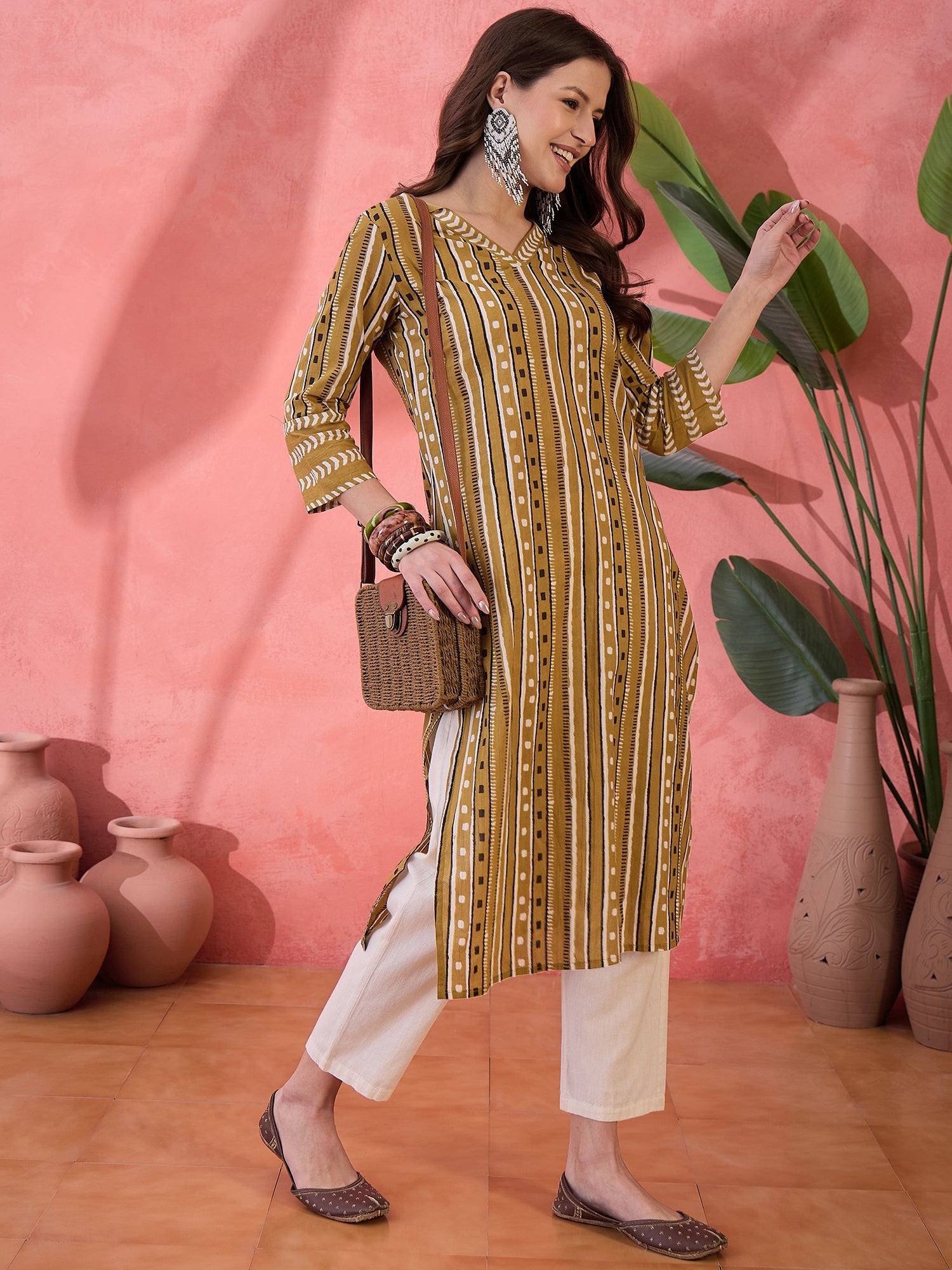 Green Geometric Print Cotton Kurat