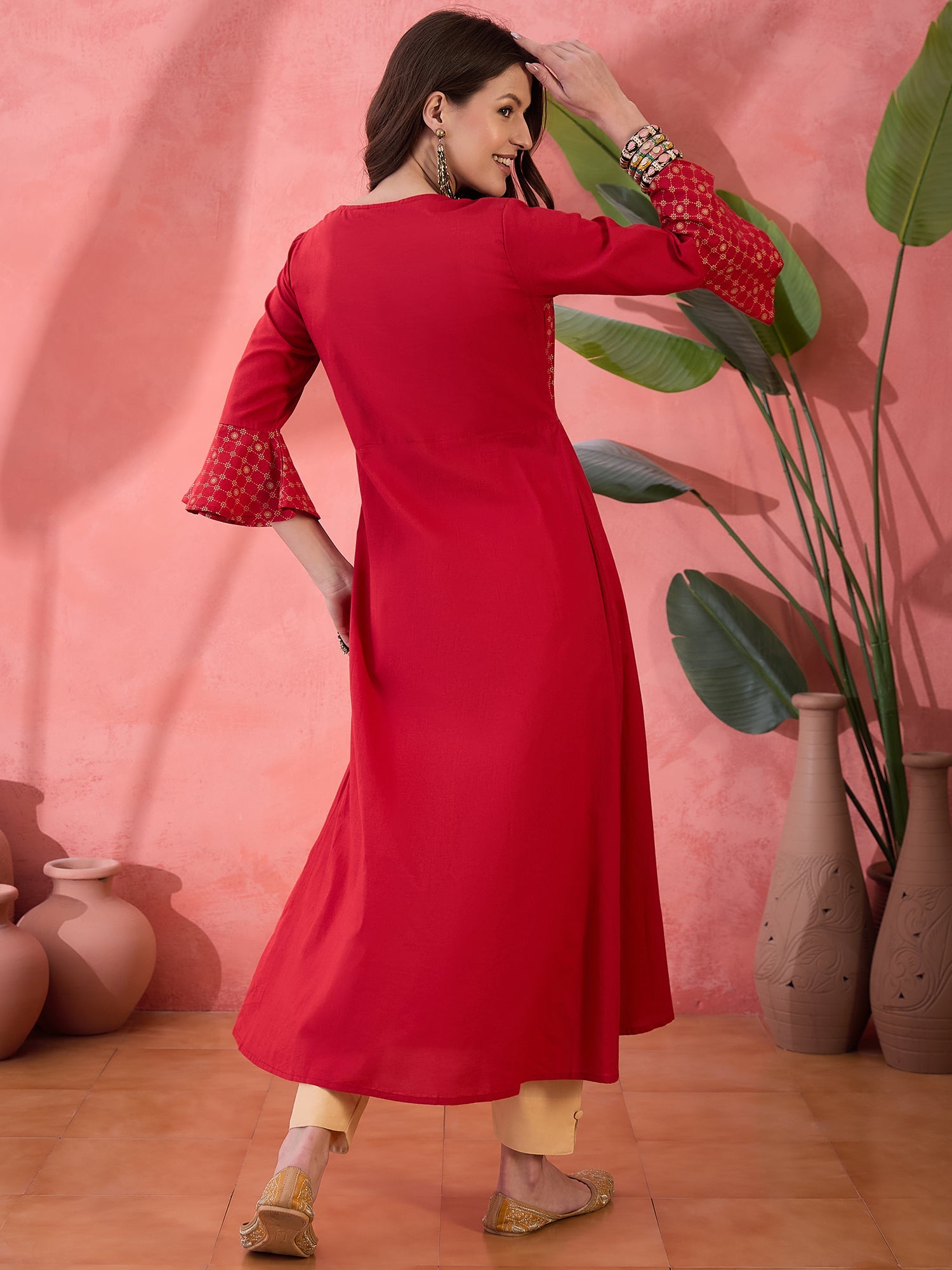 Red Round Neck Cotton Kurta for Women - SanskrutiHomes