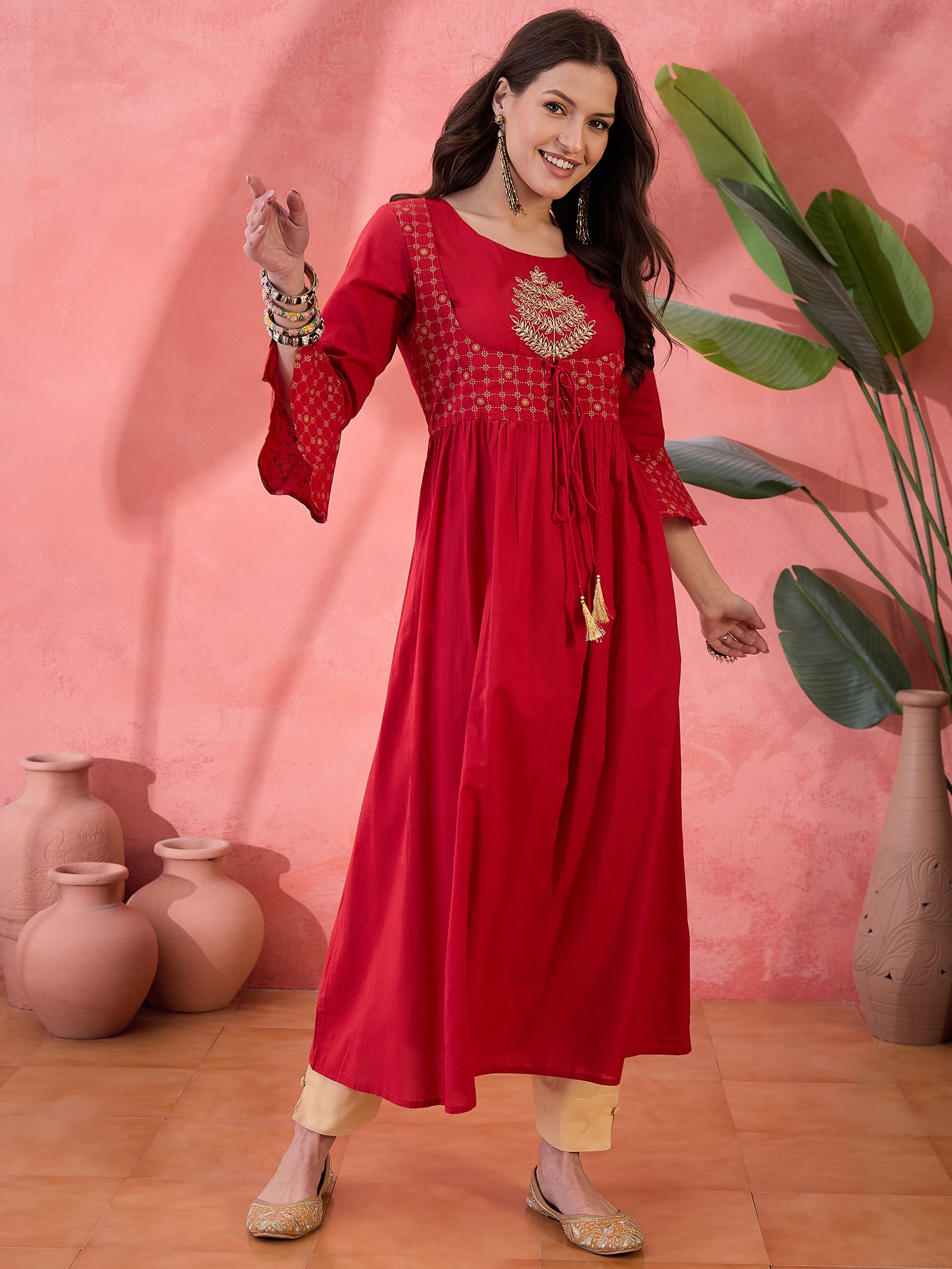 Red Round Neck Cotton Kurta for Women