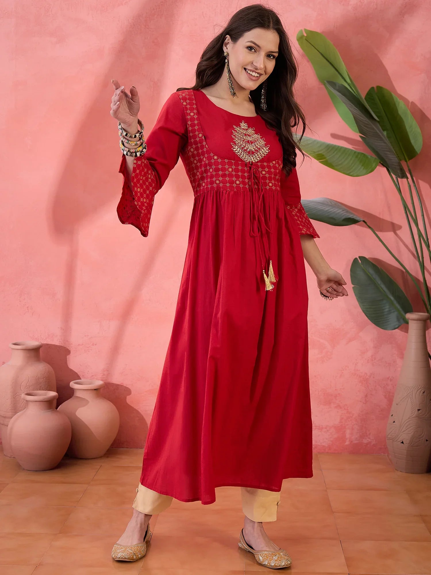 Red Round Neck Cotton Kurta for Women - SanskrutiHomes