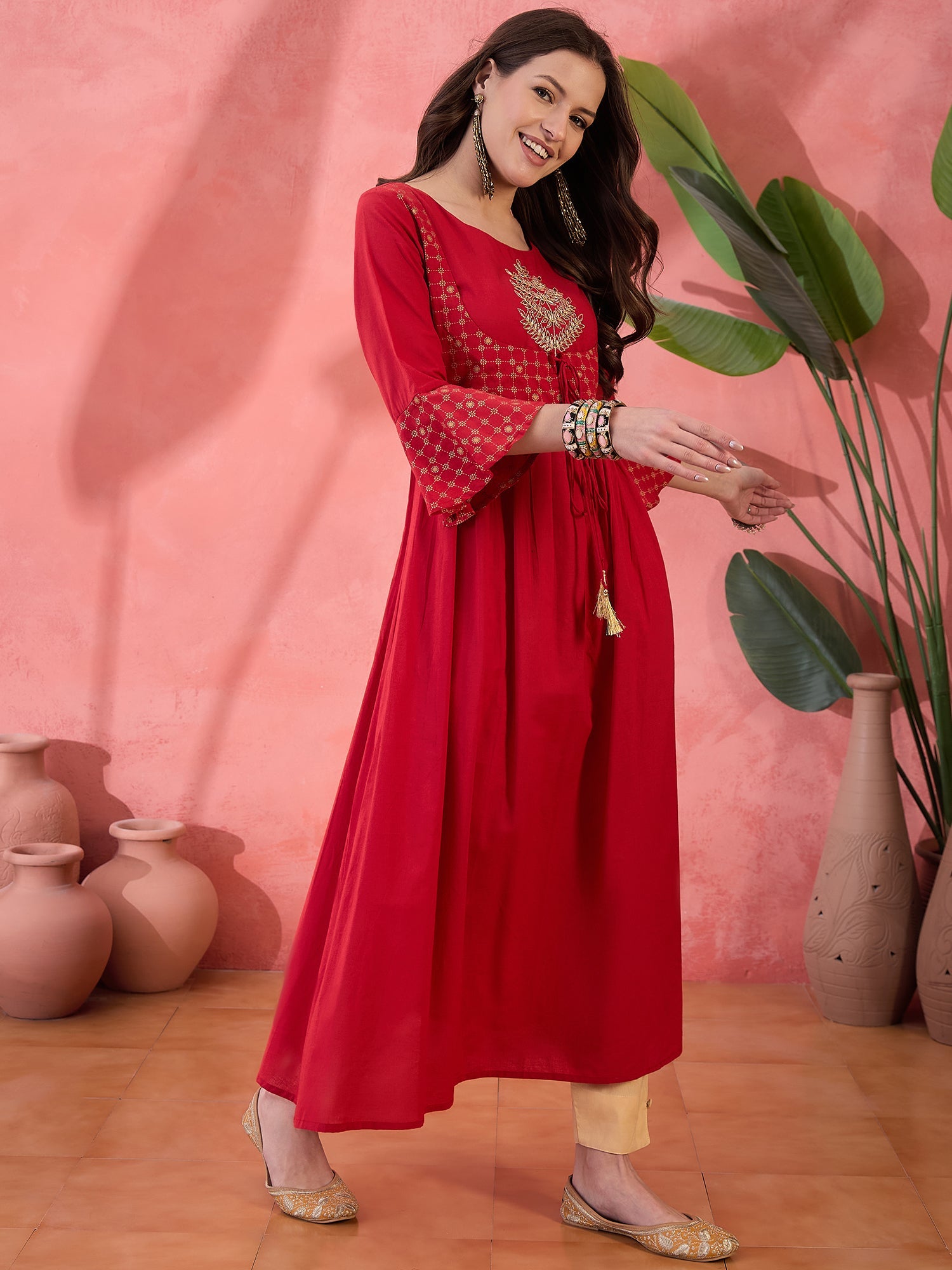 Red Round Neck Cotton Kurta for Women - SanskrutiHomes