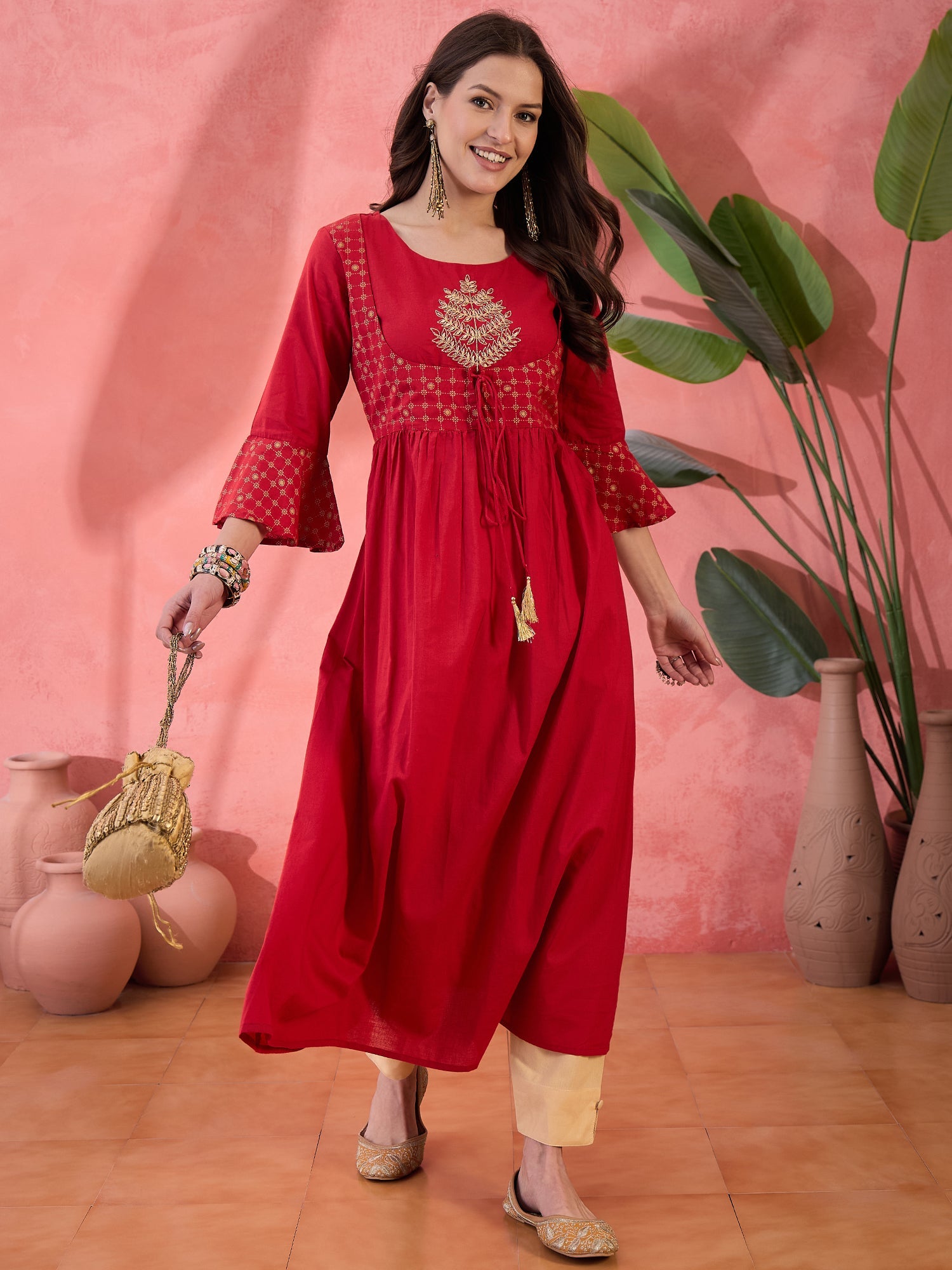 Red Round Neck Cotton Kurta for Women - SanskrutiHomes