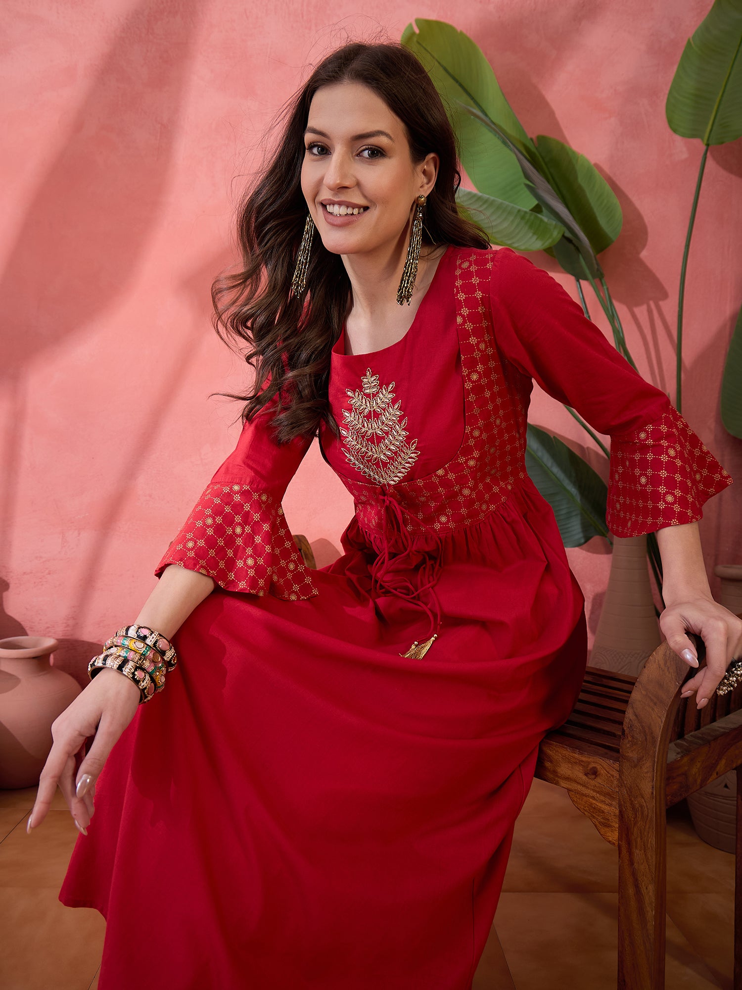 Red Round Neck Cotton Kurta for Women