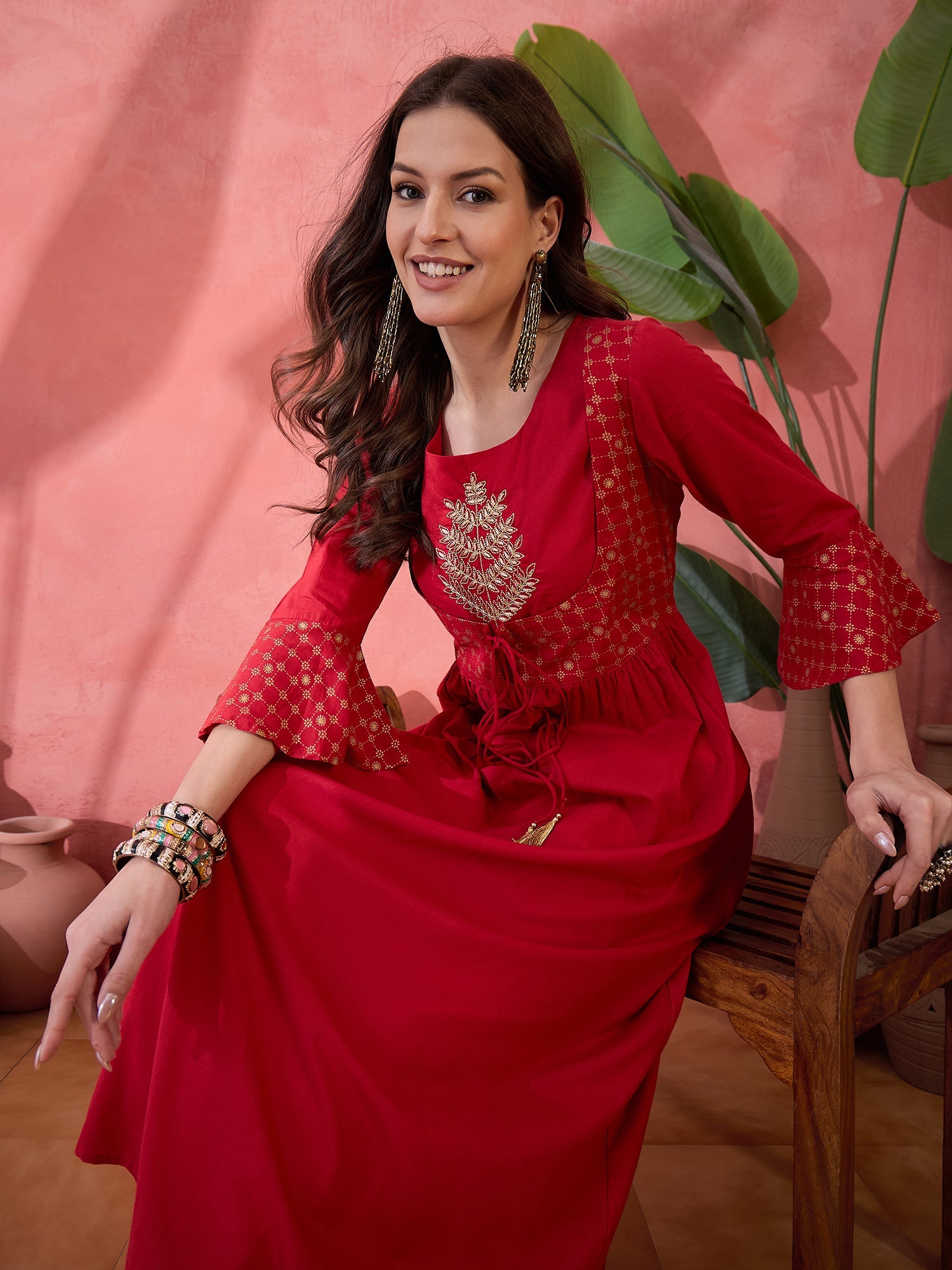 Red Round Neck Cotton Kurta for Women - SanskrutiHomes