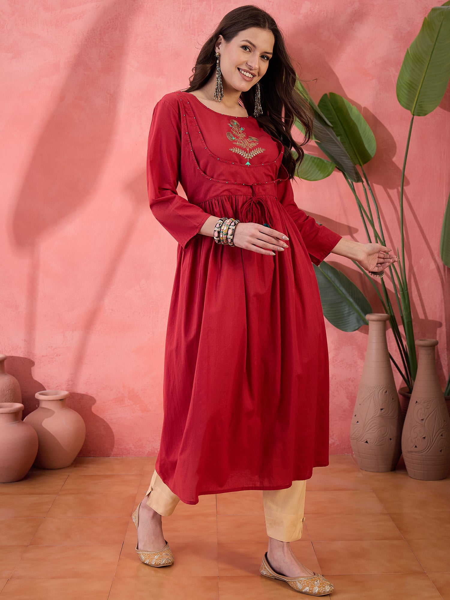 Red Solid Print Cotton Kurta for Women