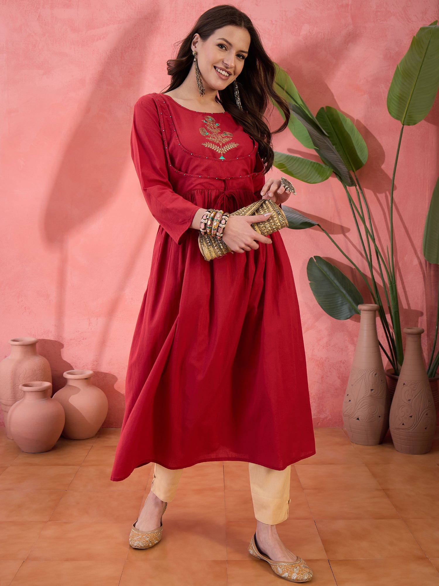 Red Solid Print Cotton Kurta for Women