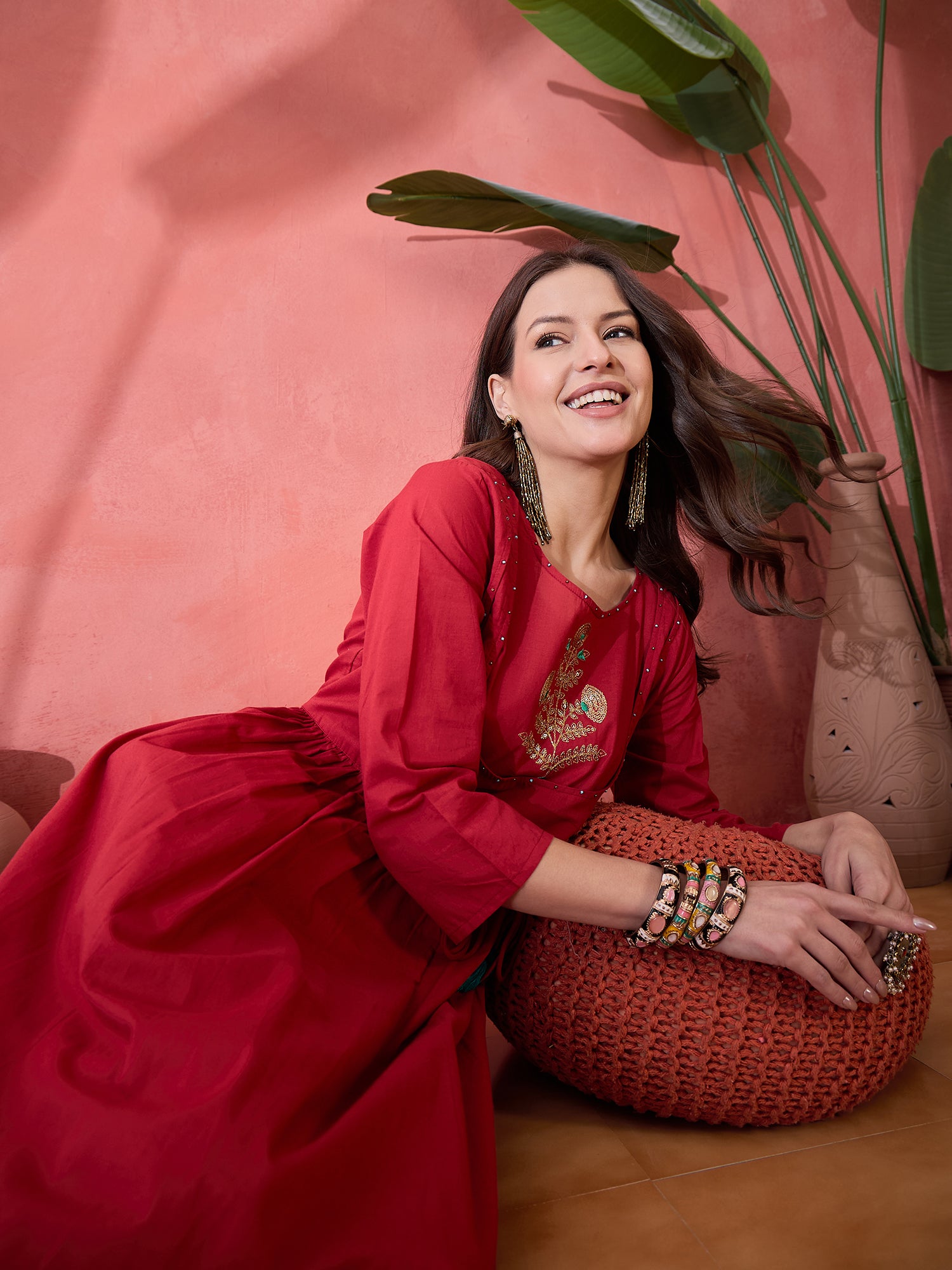 Red Solid Print Cotton Kurta for Women