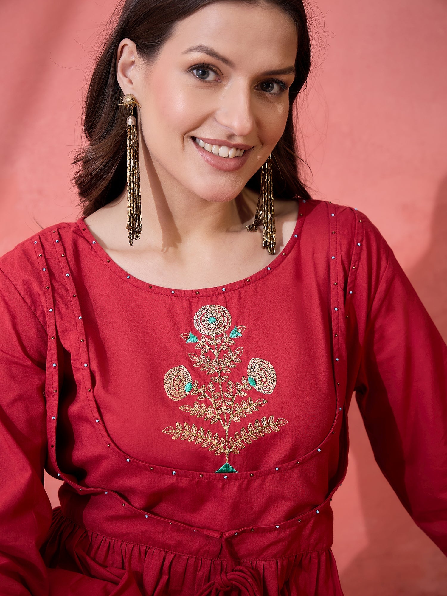 Red Solid Print Cotton Kurta for Women