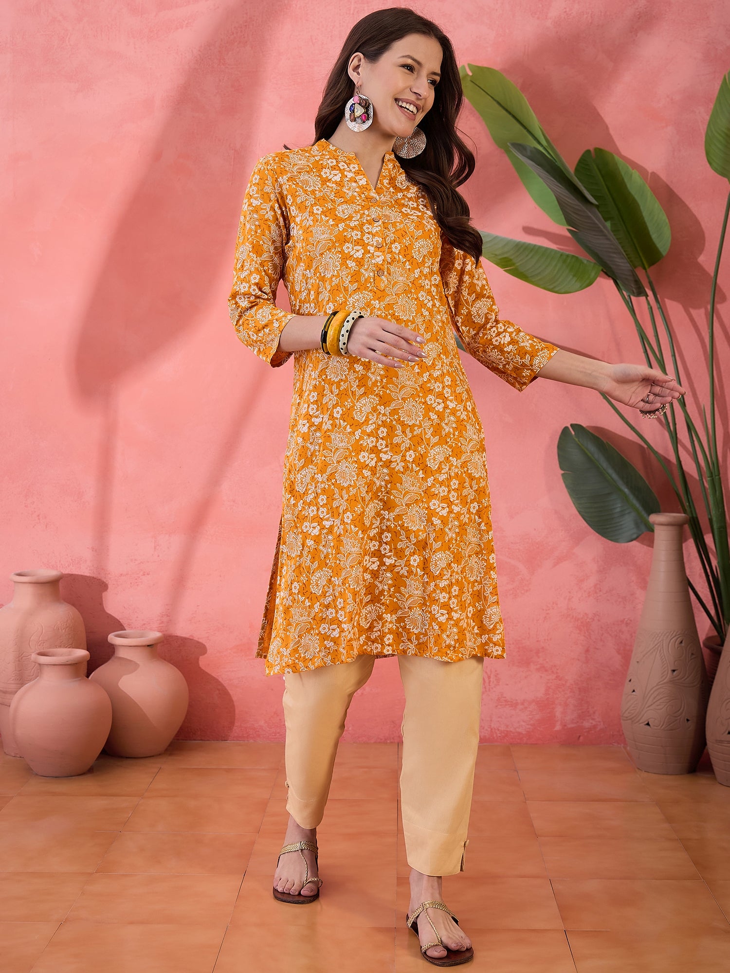 Mustard Printed Cotton Kurta for Women