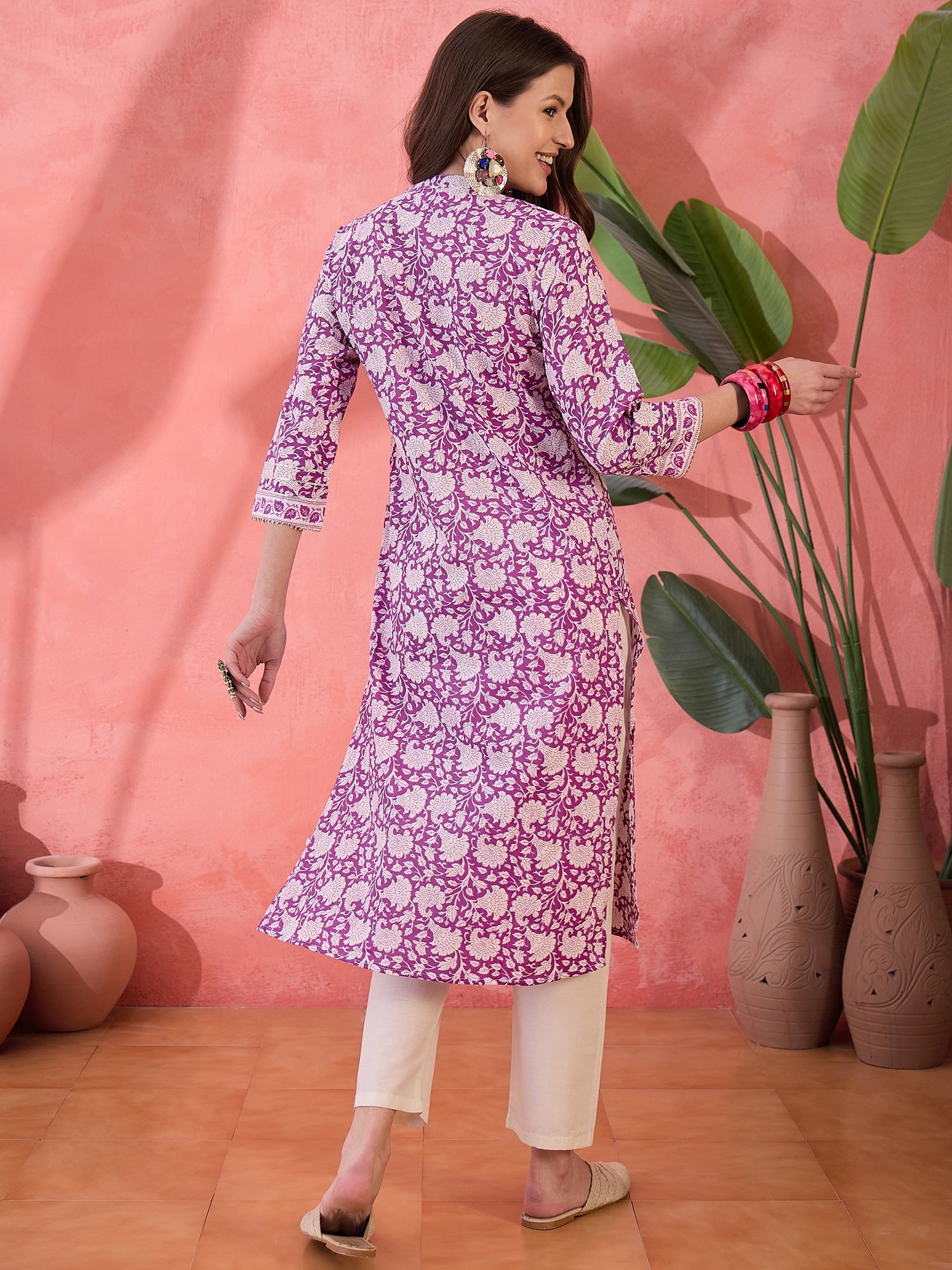 Purple Floral Printed Cotton Kurta for Women