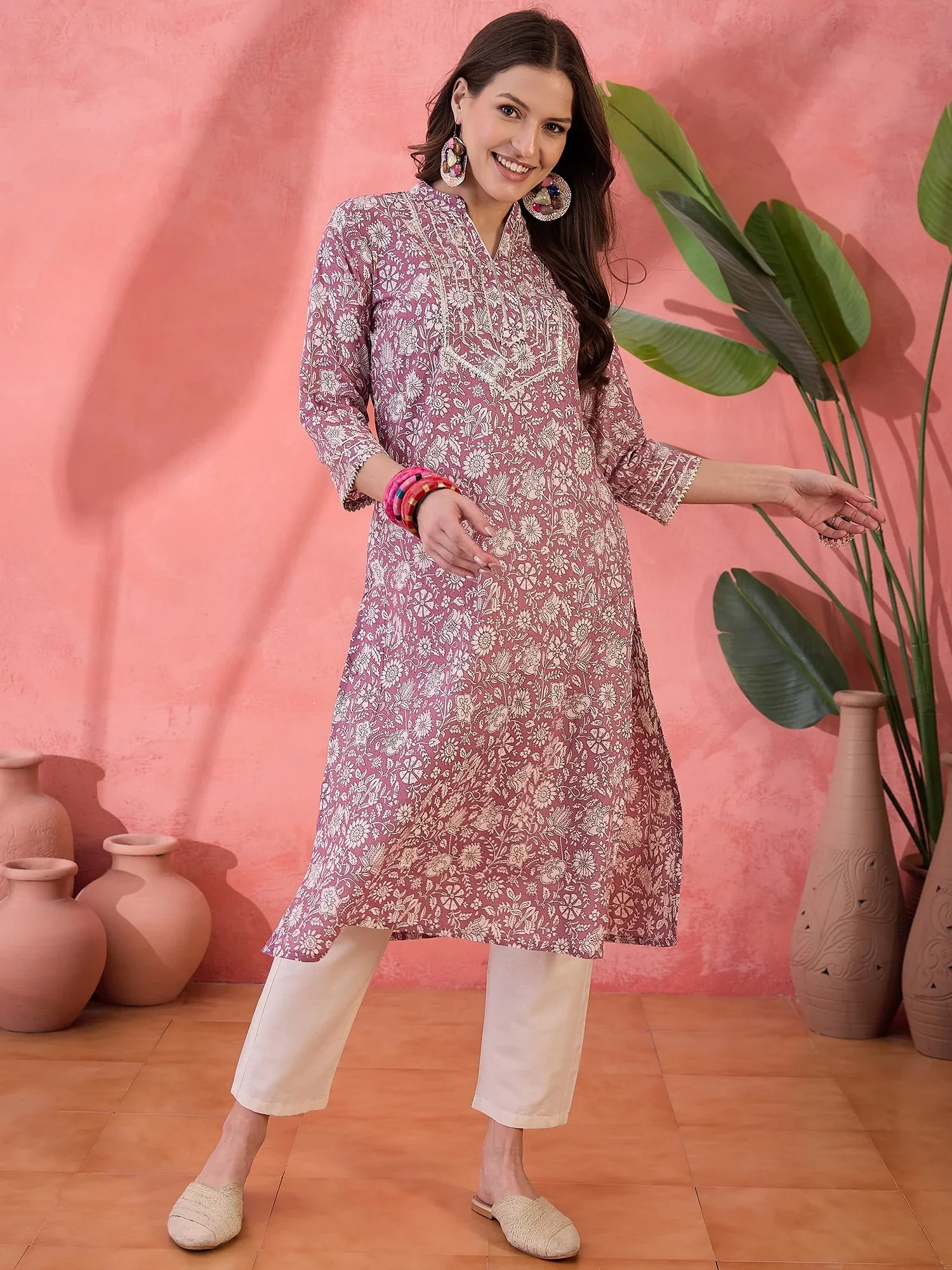 Mauve V-Neck Printed Kurta for Women - SanskrutiHomes