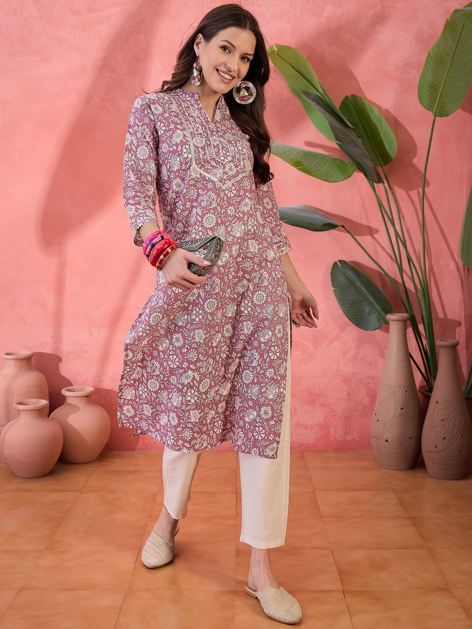Mauve V-Neck Printed Kurta for Women - SanskrutiHomes
