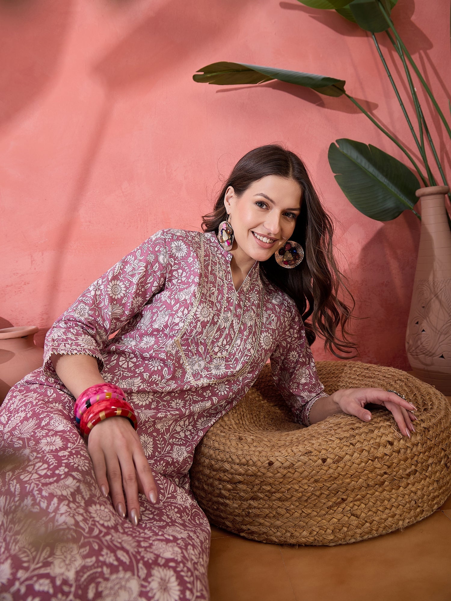 Mauve V-Neck Printed Kurta for Women - SanskrutiHomes